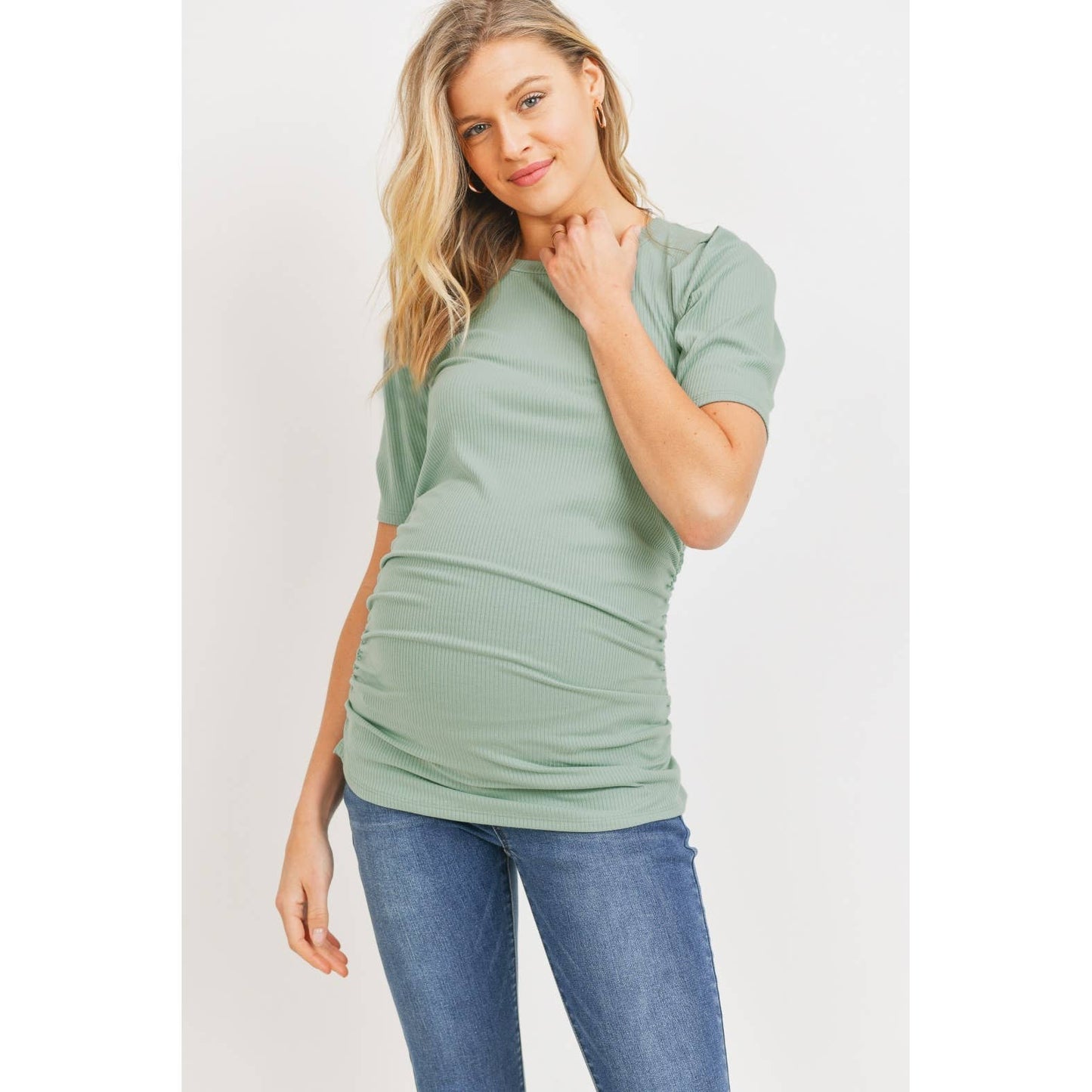 MATERNITY SAGE RIB KNIT PUFF SHORT SLEEVE RUCHED