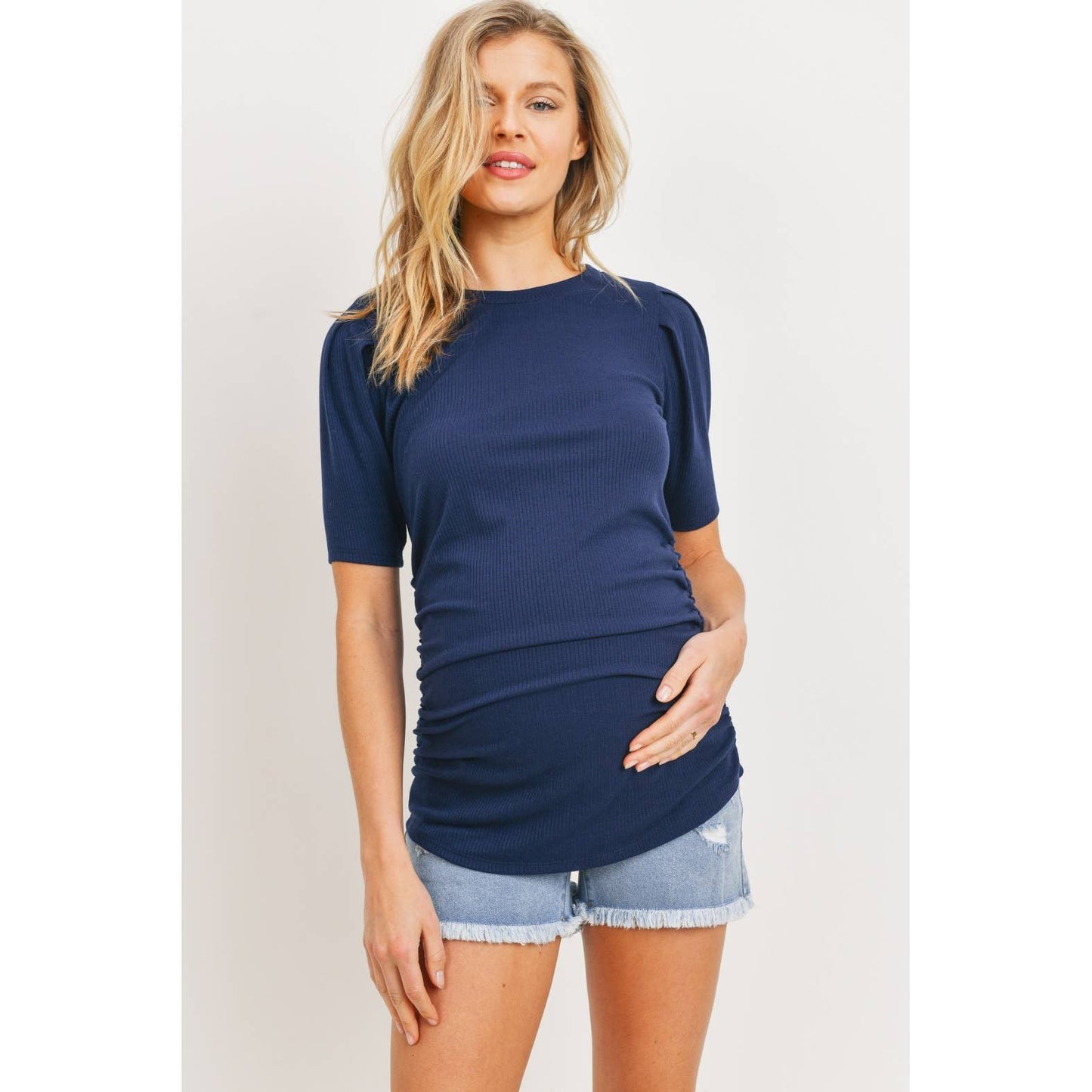 MATERNITY NAVY RIB KNIT PUFF SHORT SLEEVE RUCHED
