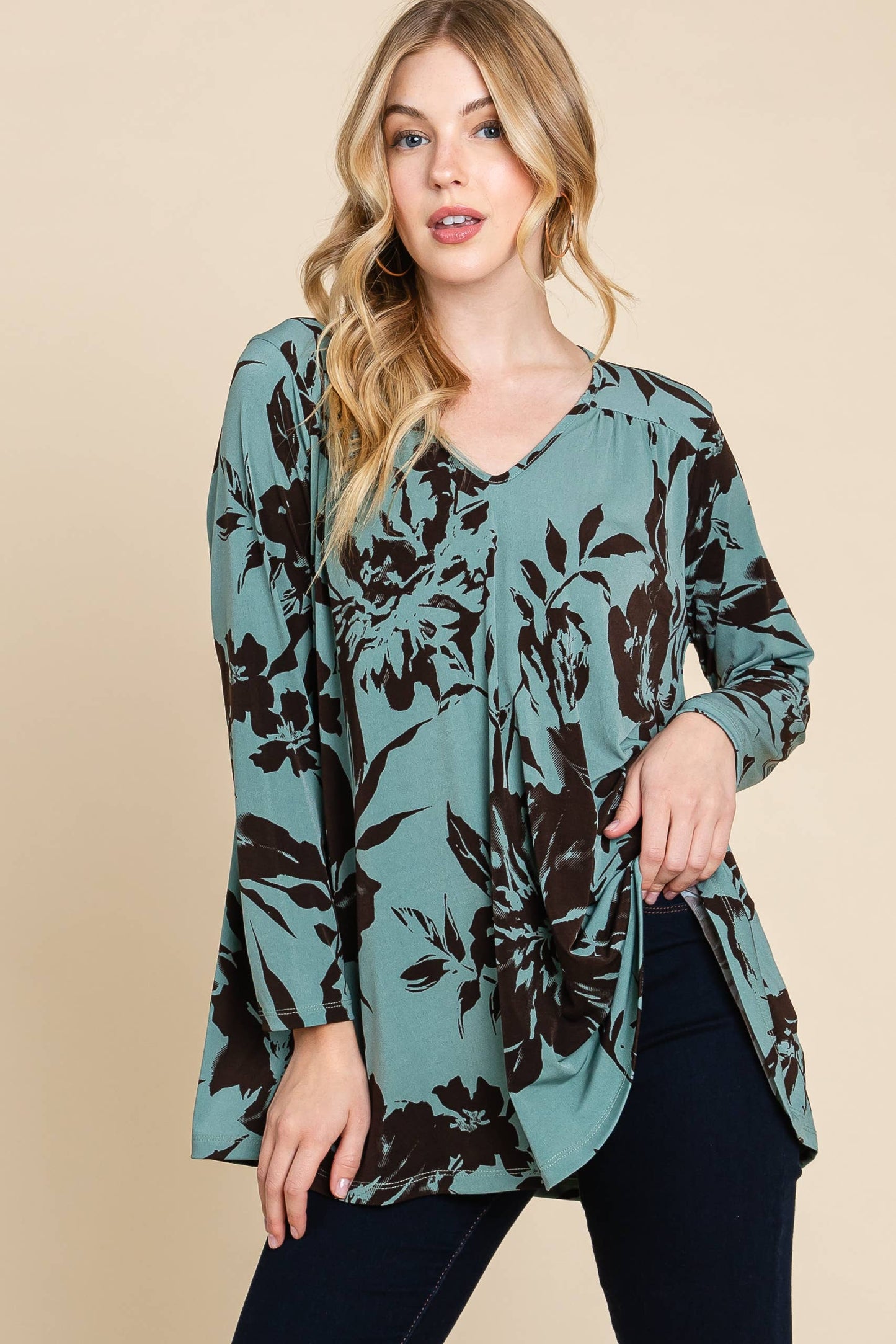 3XL PLUS OLIVE/BROWN FLORAL SWING TOP