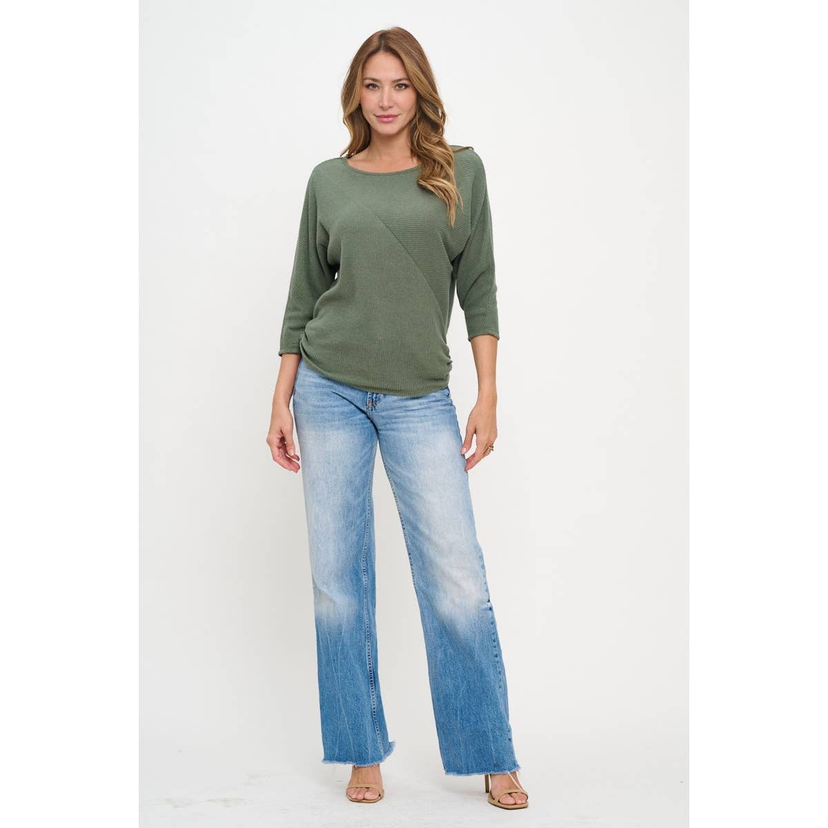 DUSTY OLIVE RIBBED BRUSHED DOLMAN TOP