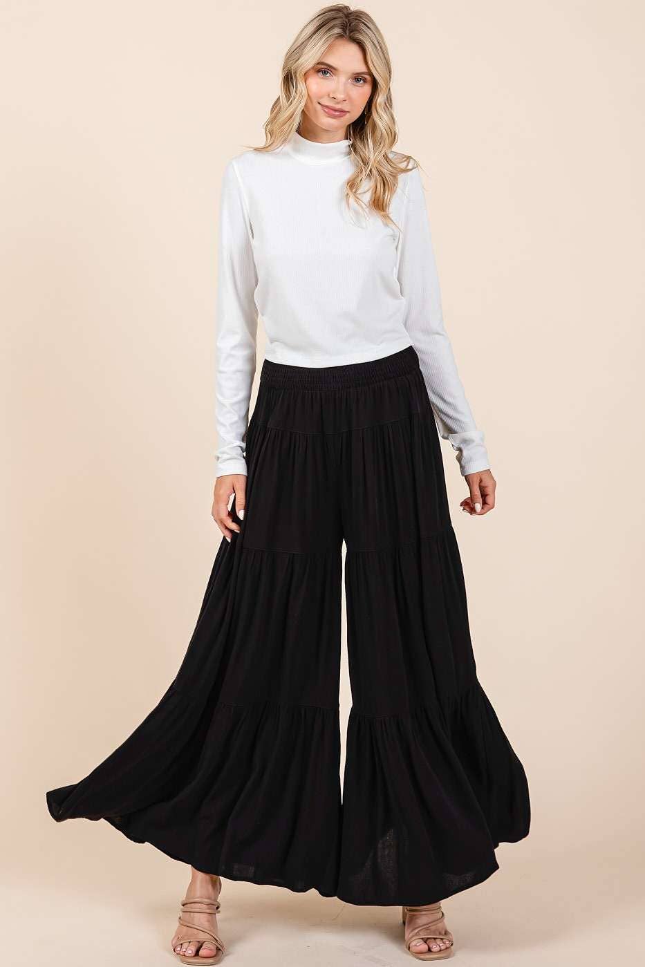 BLACK TIER DETAIL SMOCKED ELASTIC WAIST WIDE LEG PANTS