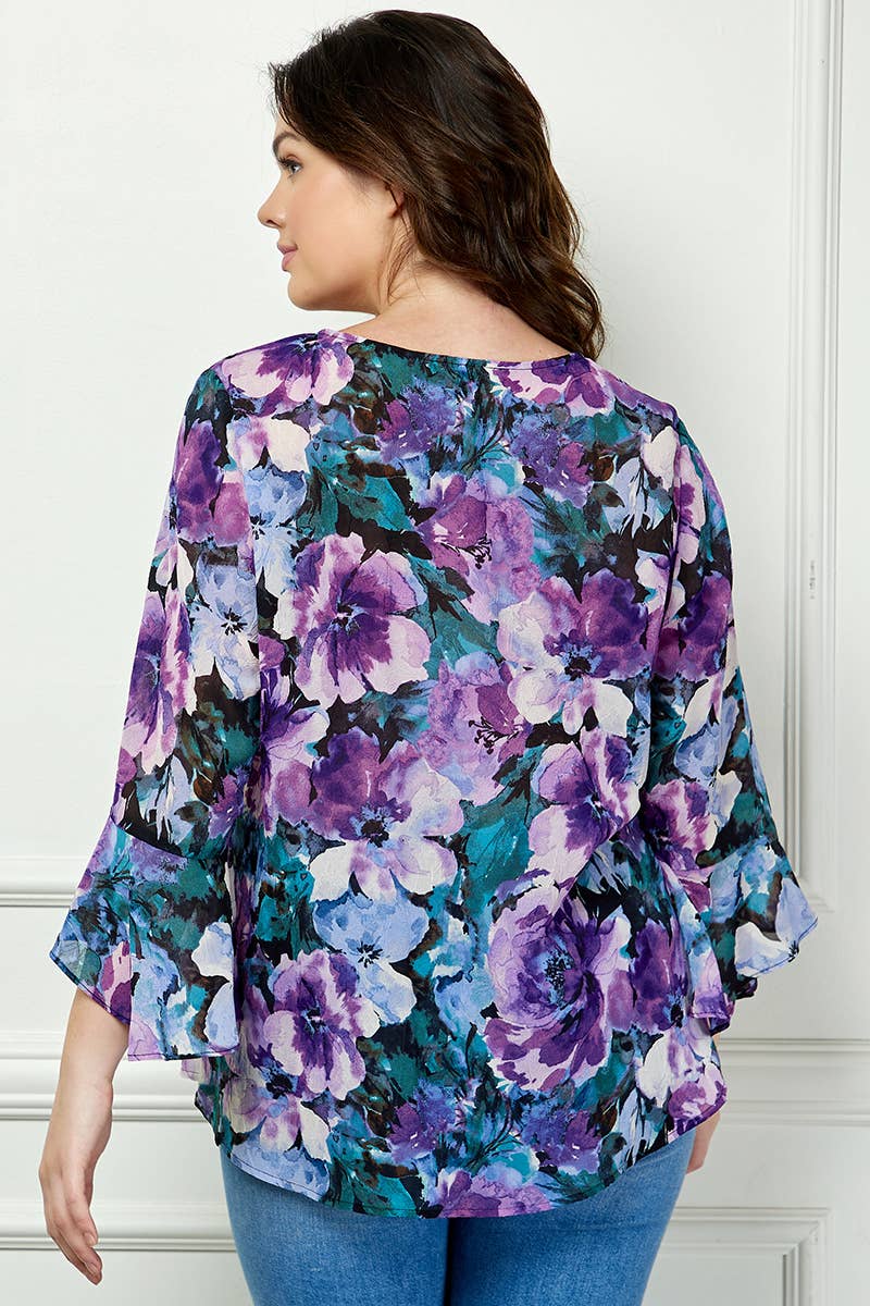 SIZE RUFFLE MISSY & PLUS V-NECK SWING BLOUSE: Navy/Purple/Teal