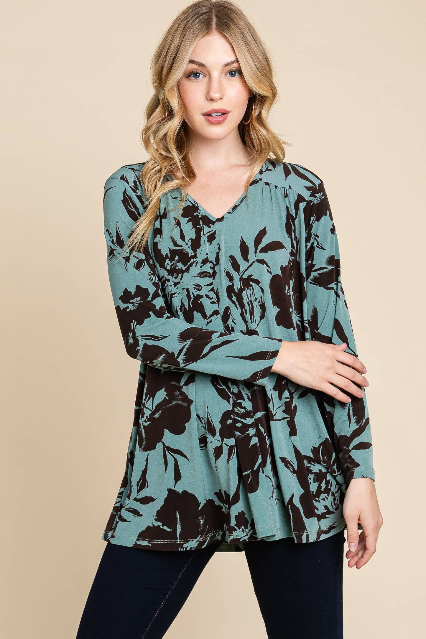 3XL PLUS OLIVE/BROWN FLORAL SWING TOP