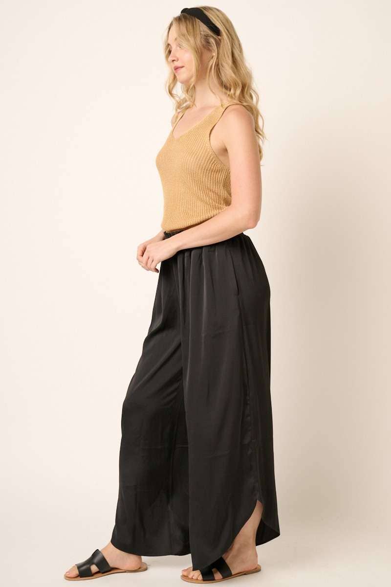 BLACK SATIN SMOCKED WAIST WIDE LEG