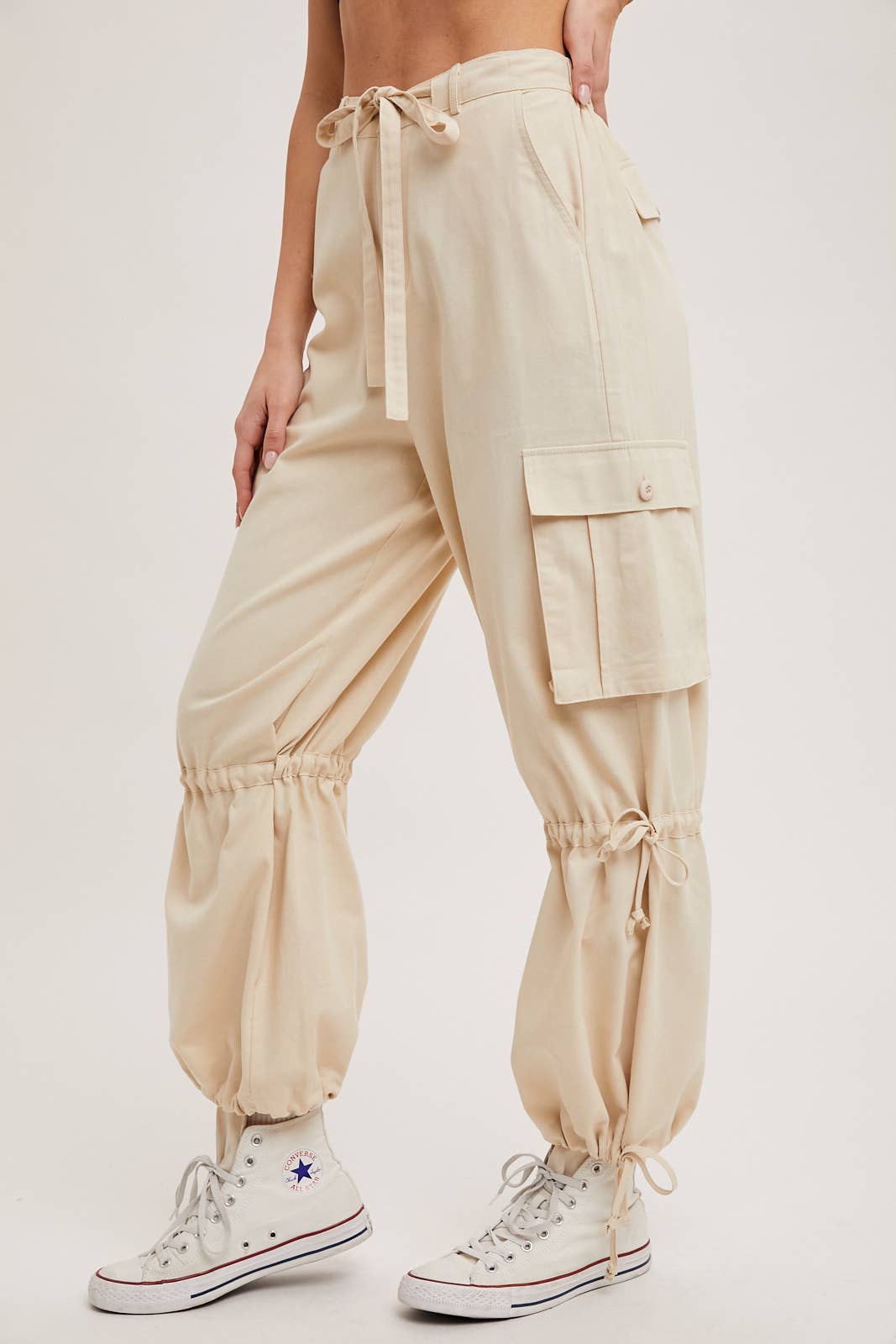 ECRU HIGH-RISE DRAWSTRING CARGO WIDE LEG PANTS