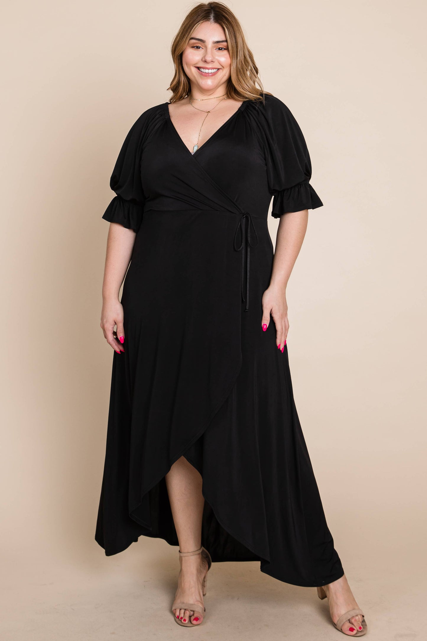 Plus Solid Venezia Faux Wrap Dress Black
