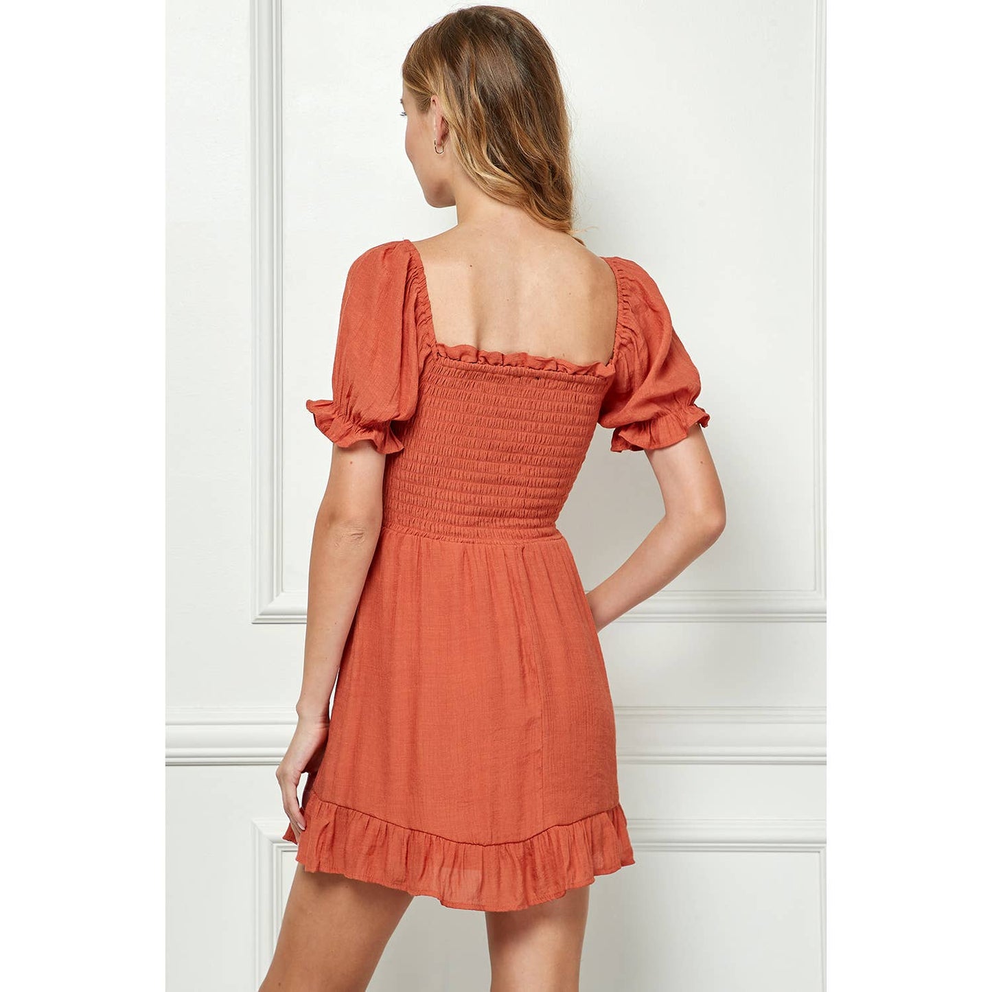 LARGE CLAY PUFF SLEEVE SMOCKED TOP BOTTOM RUFFLE DRESS