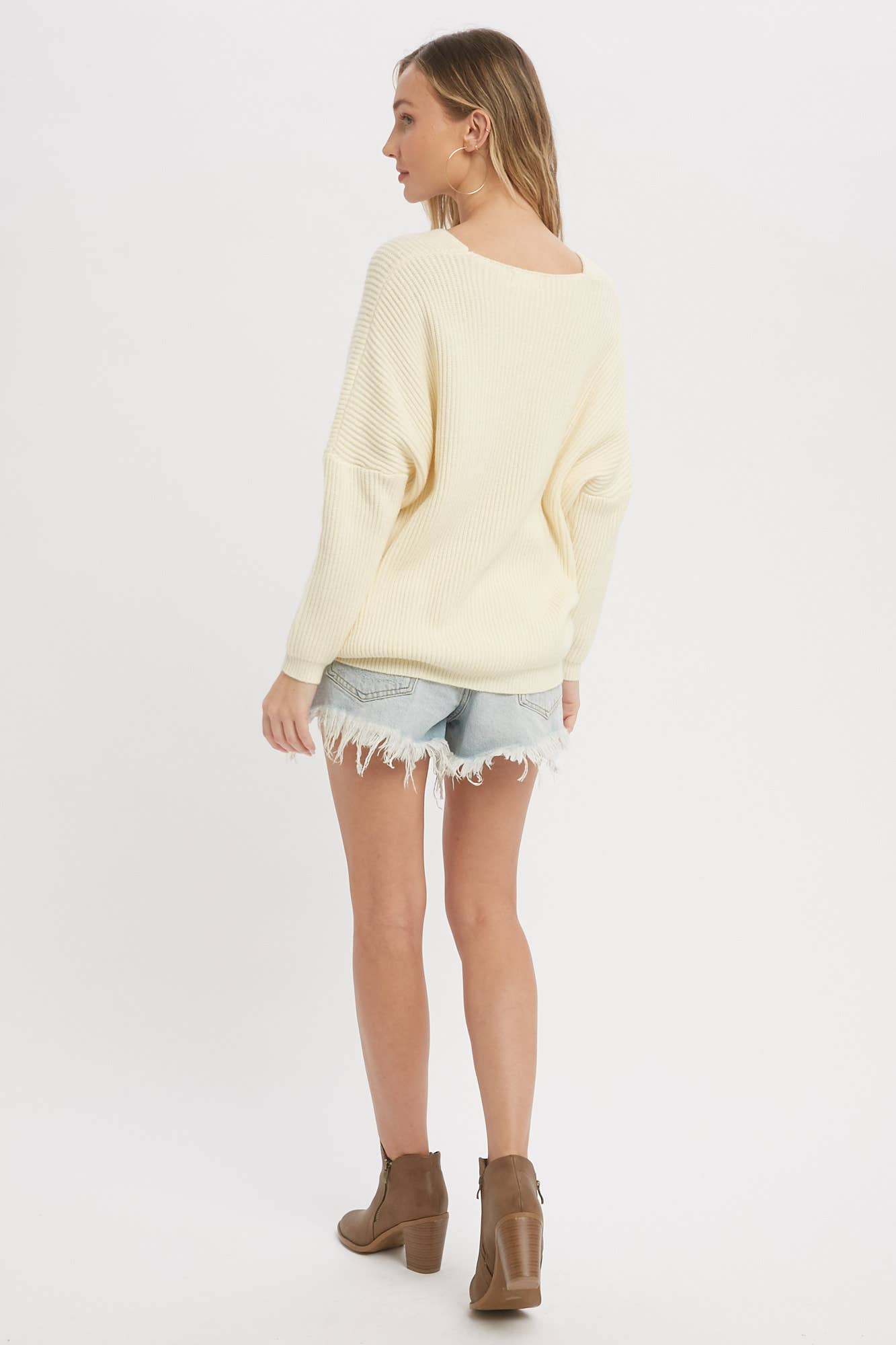 CREAM V-NECK POINTELLE RIBBED SWEATER