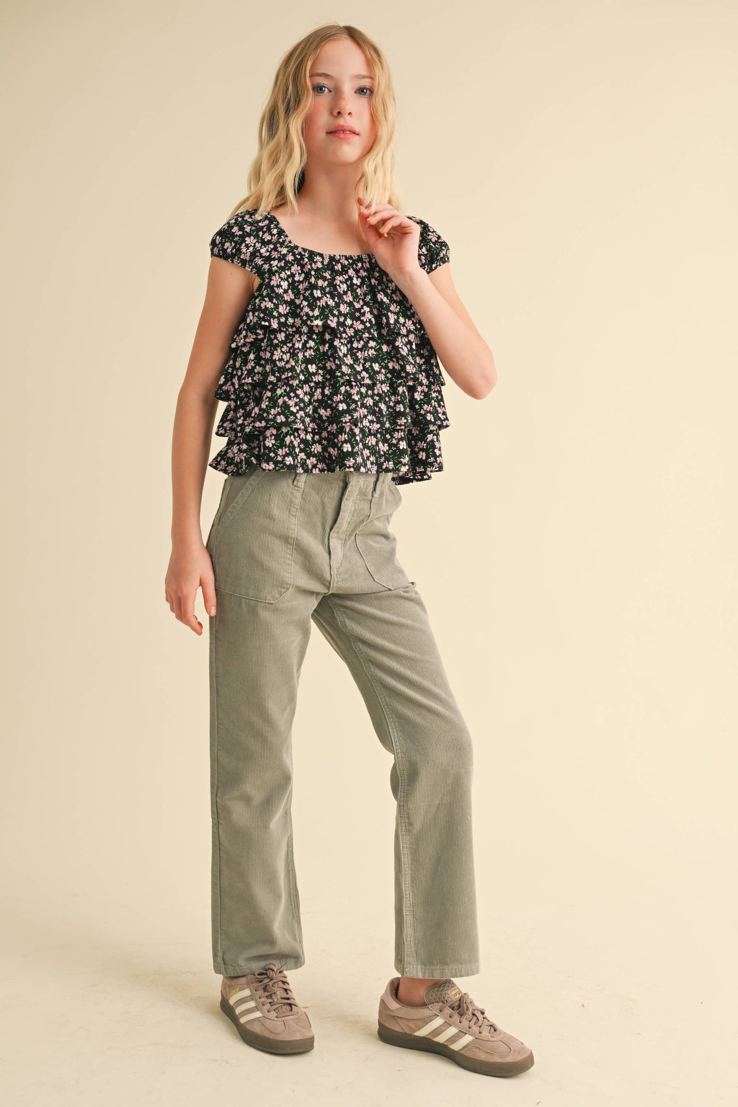 TWEEN BLACK FLORAL RUFFLE SHIRT