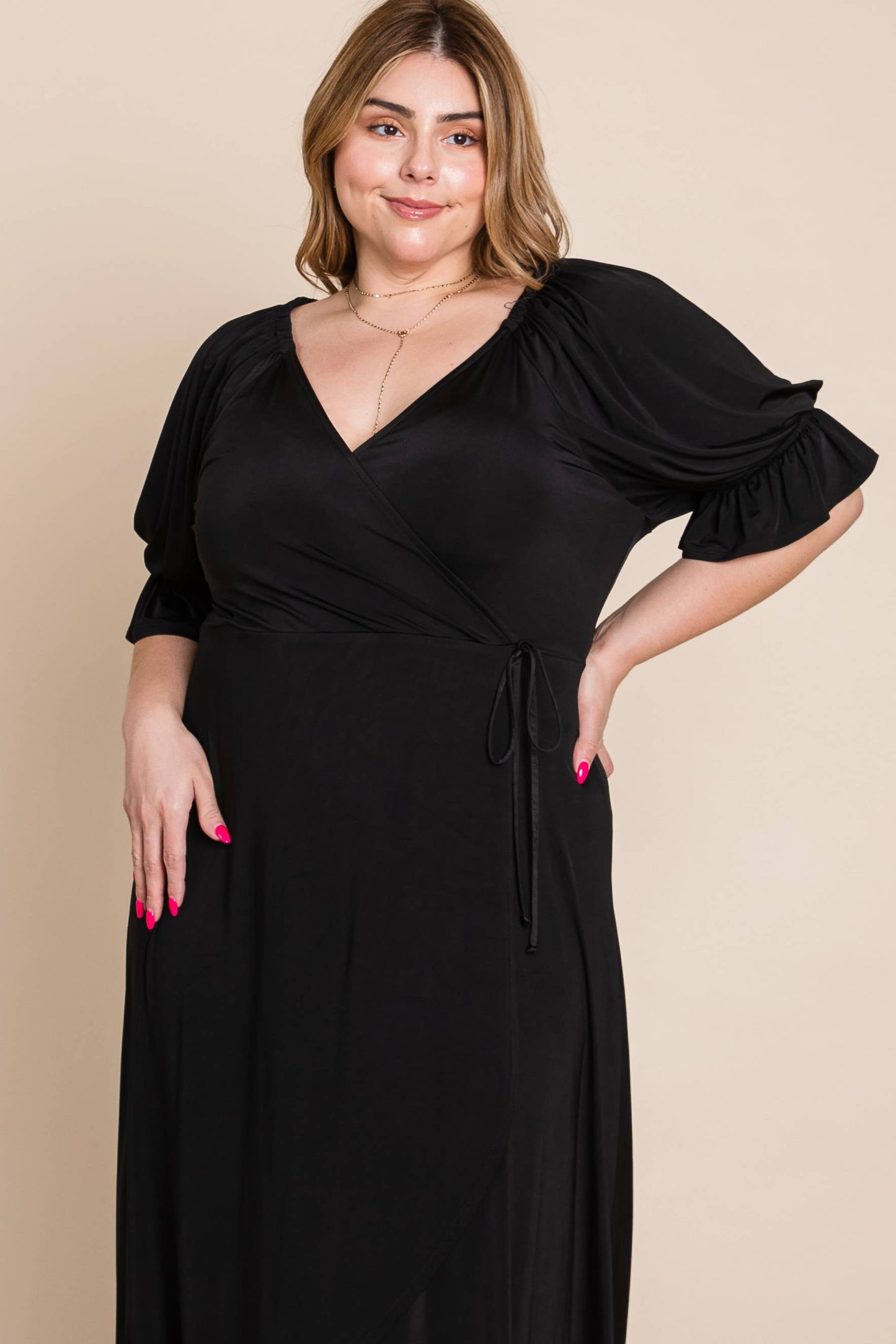 Plus Solid Venezia Faux Wrap Dress Black