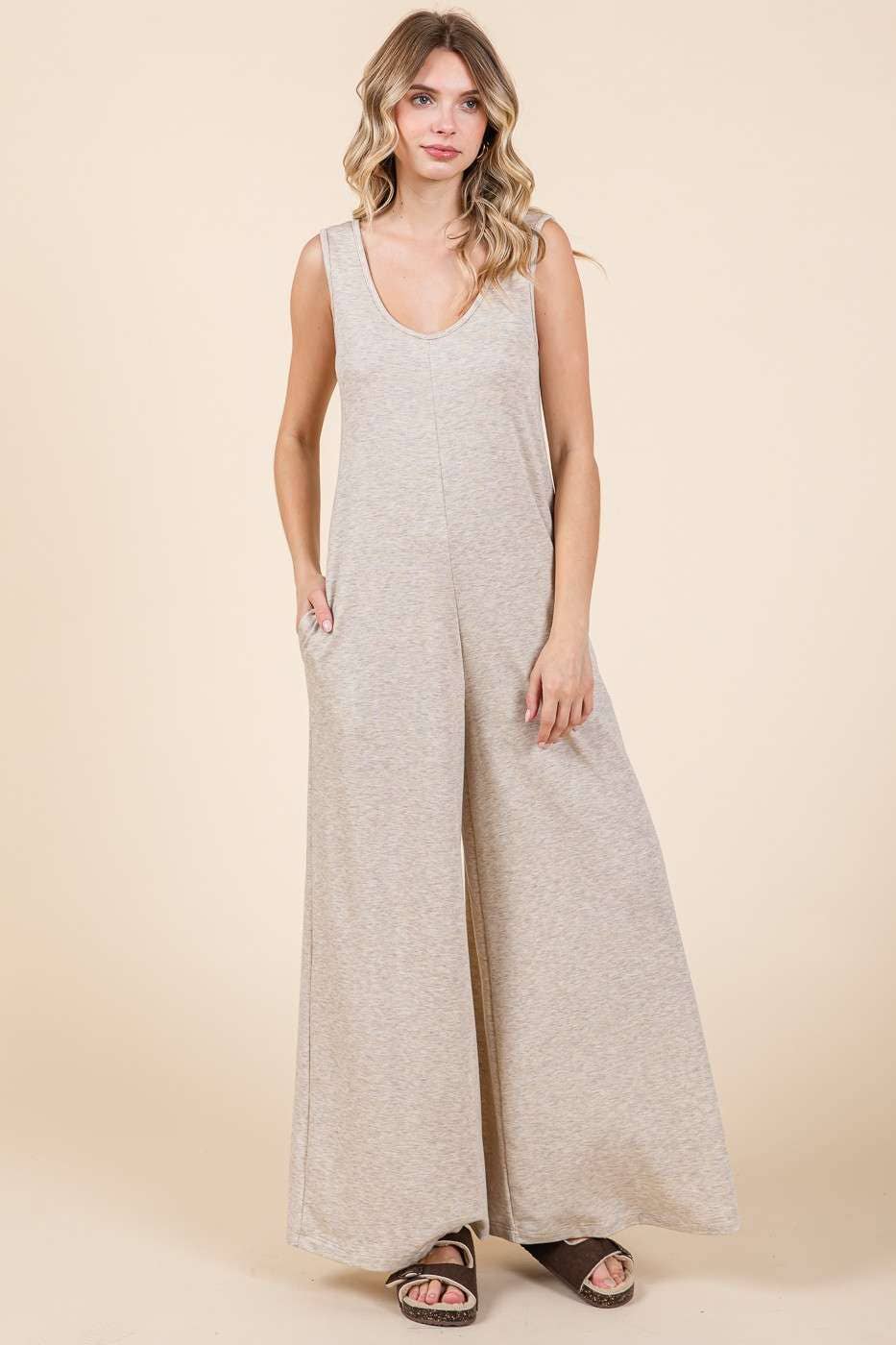 OATMEAL SCOOP NECK WIDE LEG JUMPSUIT