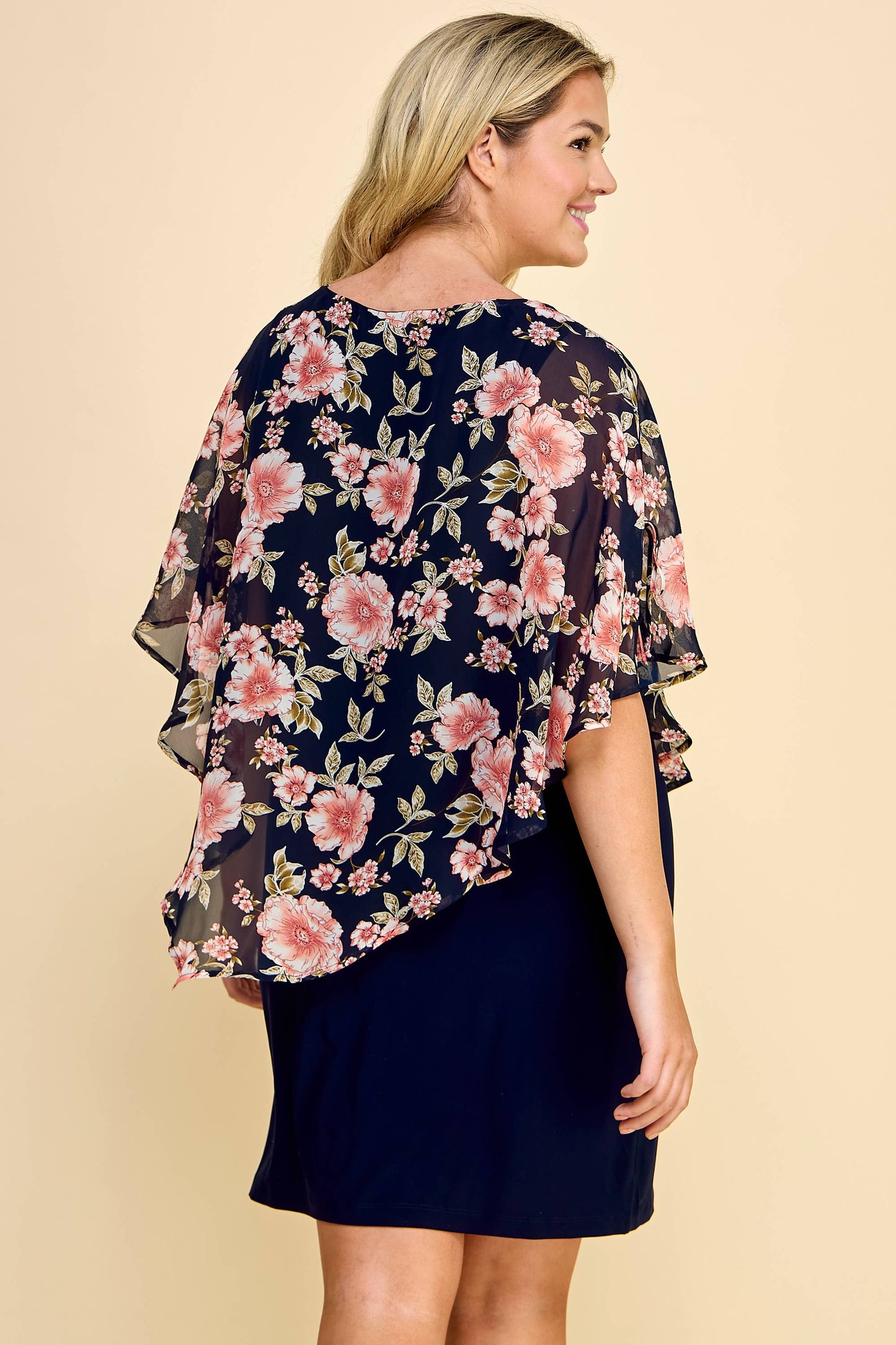 PLUS NAVY/FLORAL ASYMMETRICAL COLD SHOULDER PONCHO DRESS