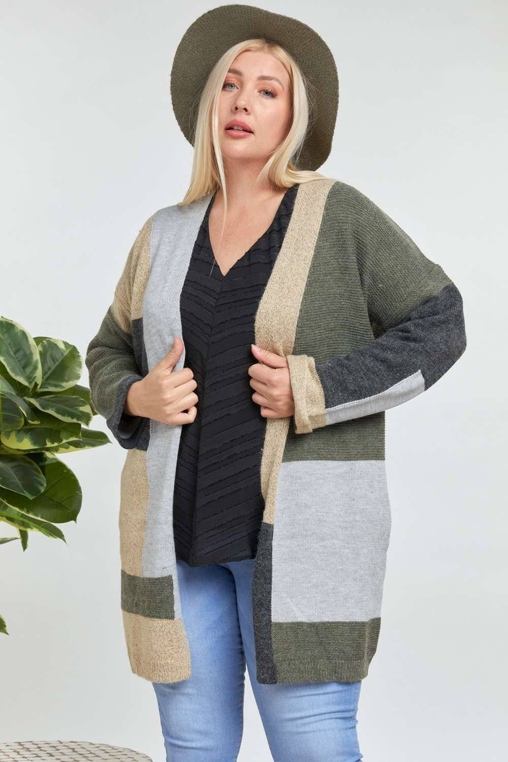 PLUS OLIVE COLORBLOCK ACCENT LONGLINE SWEATER CARDIGAN