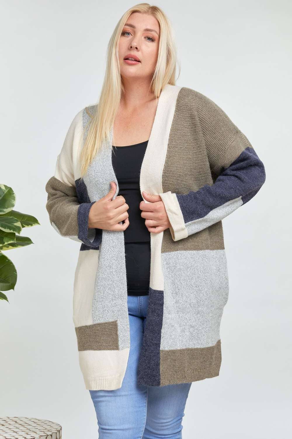 PLUS OLIVE COLORBLOCK ACCENT LONGLINE SWEATER CARDIGAN