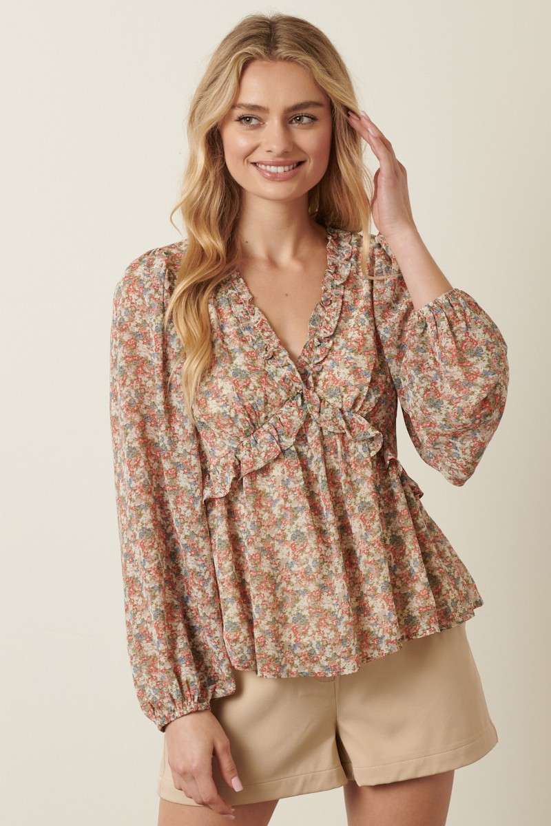 FLORAL PRINT RUFFLE DETAIL BLOUSE