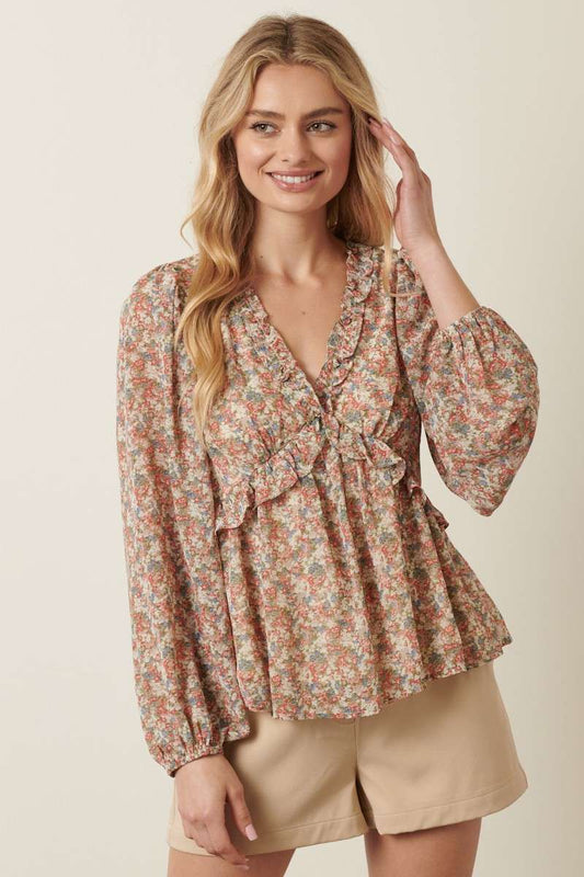 FLORAL PRINT RUFFLE DETAIL BLOUSE