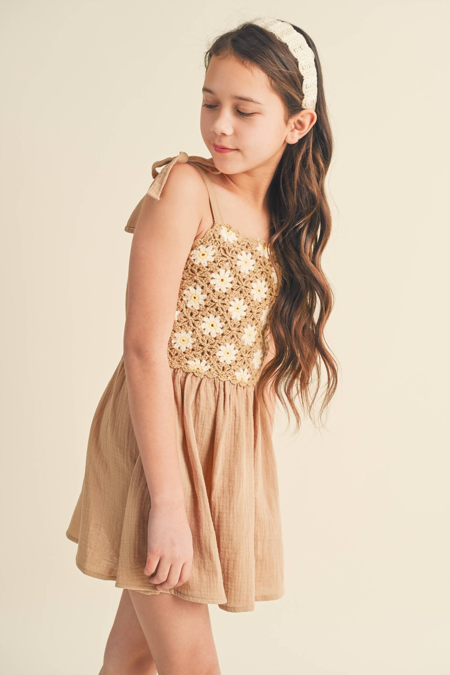 GIRLS CROCHET TIE SHOULDER MINI DRESS