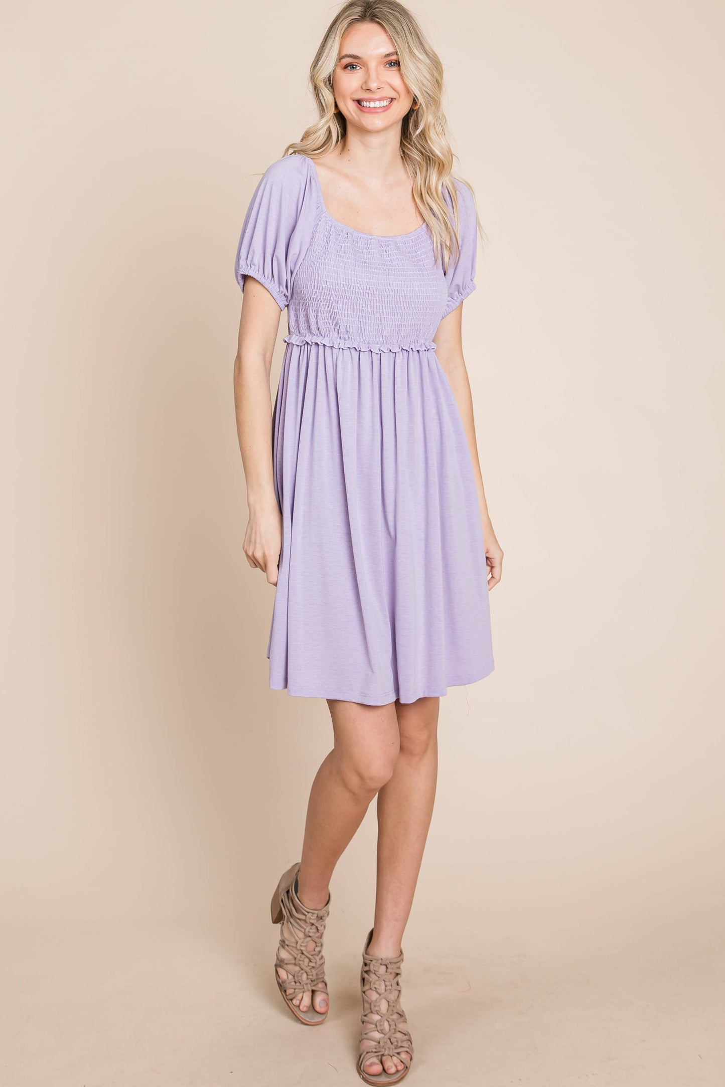 Solid Smocked Babydoll Dress Lavender