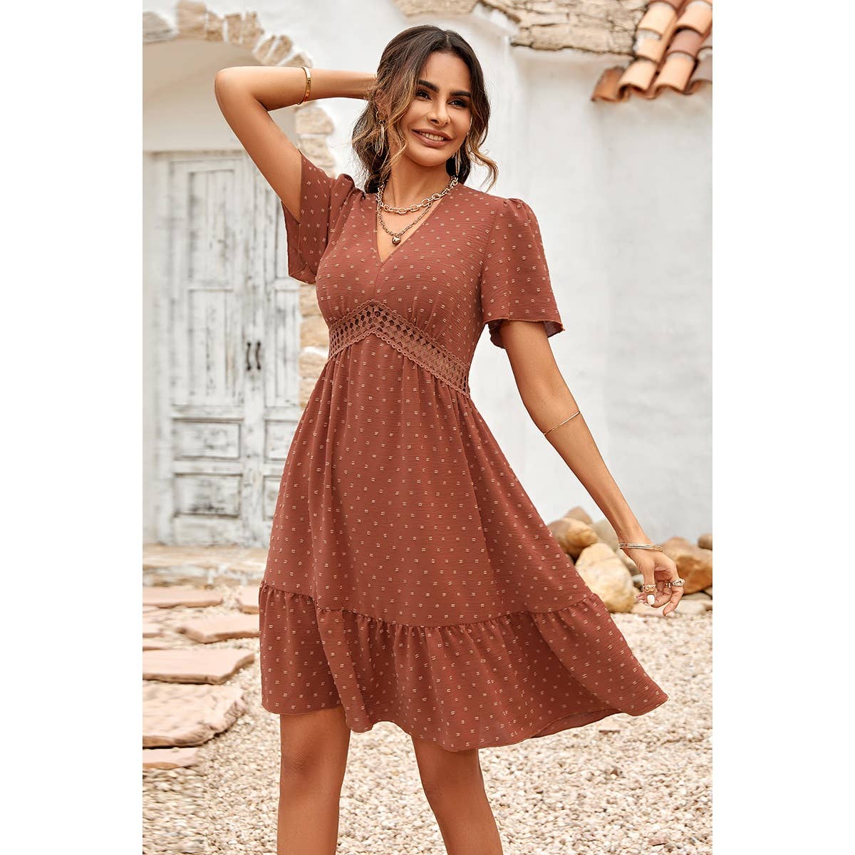 X Large Swiss Dot Cutout Ruffle V Neck Puff Sleeve Dress: Rust