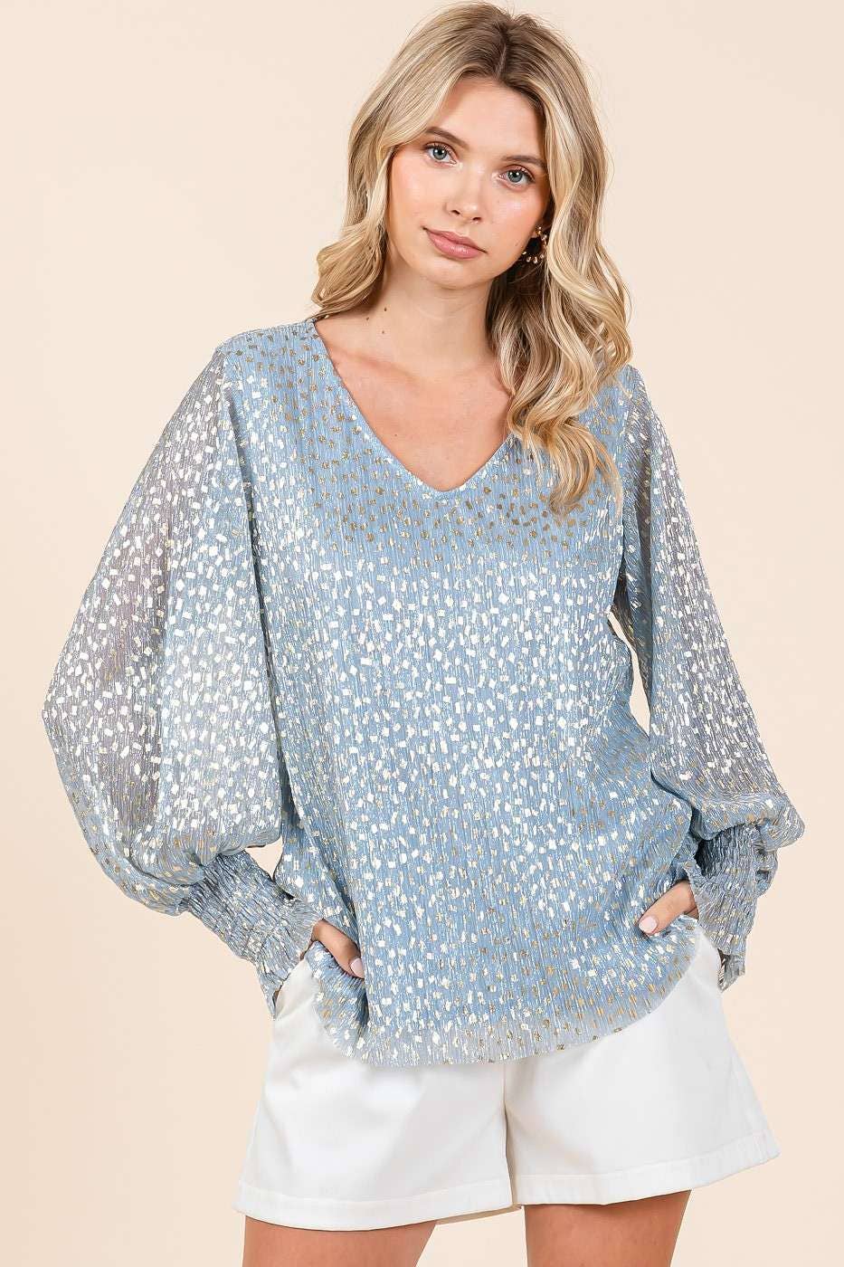 BLUE METALLIC GLITTER DOT PRINT PLEATED LONG SLEEVE TOP