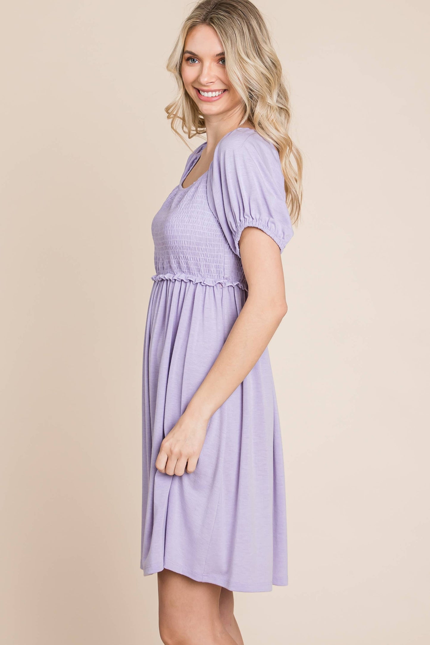 Solid Smocked Babydoll Dress Lavender