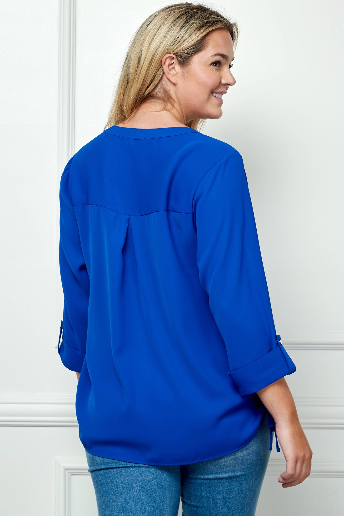 PLUS SIZE TAB SLEEVE MANDARIN COLLAR SHIRT: ROYAL