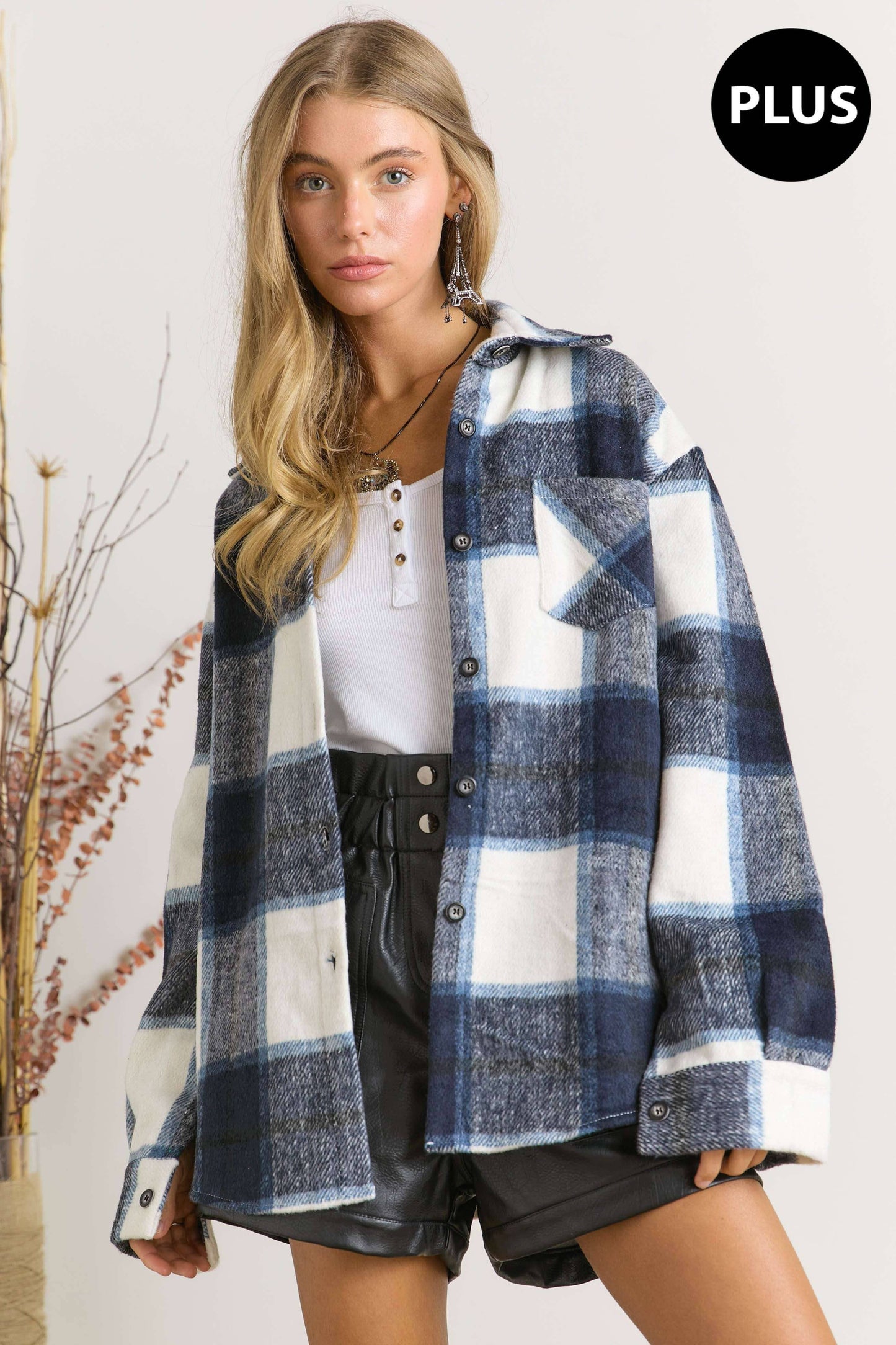 PLUS NAVY PLAID FLANNEL SHACKET