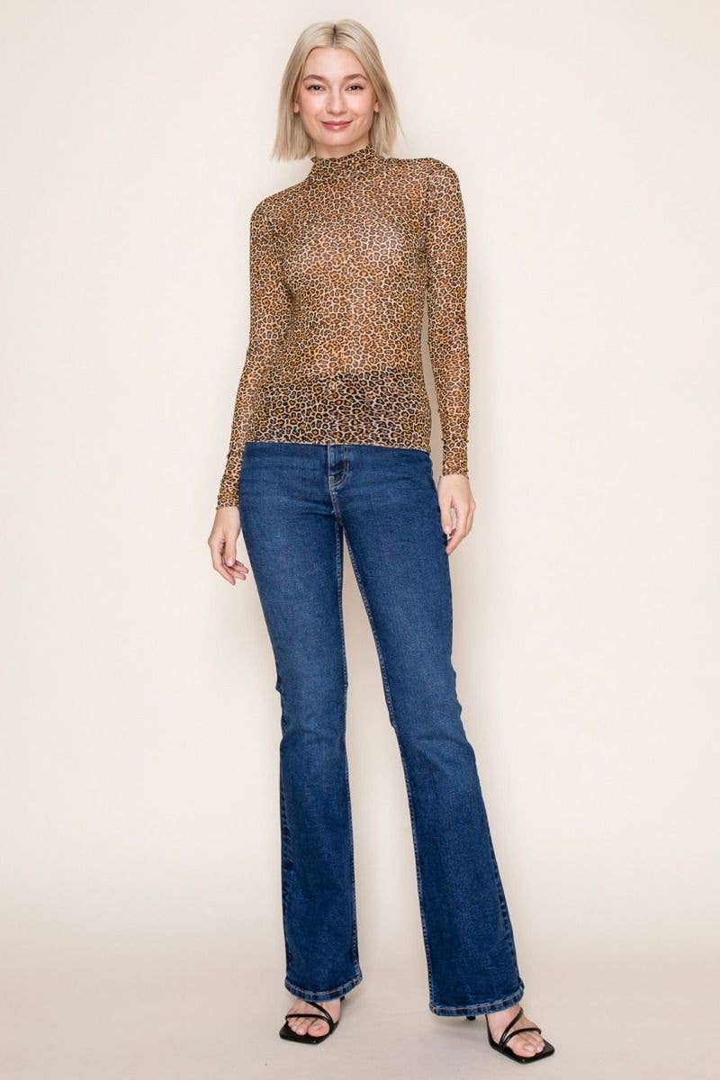 MISSY & PLUS LEOPARD MESH LONG SLEEVE MOCK