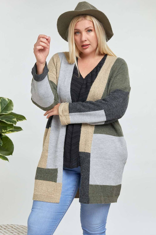 PLUS OLIVE COLORBLOCK ACCENT LONGLINE SWEATER CARDIGAN