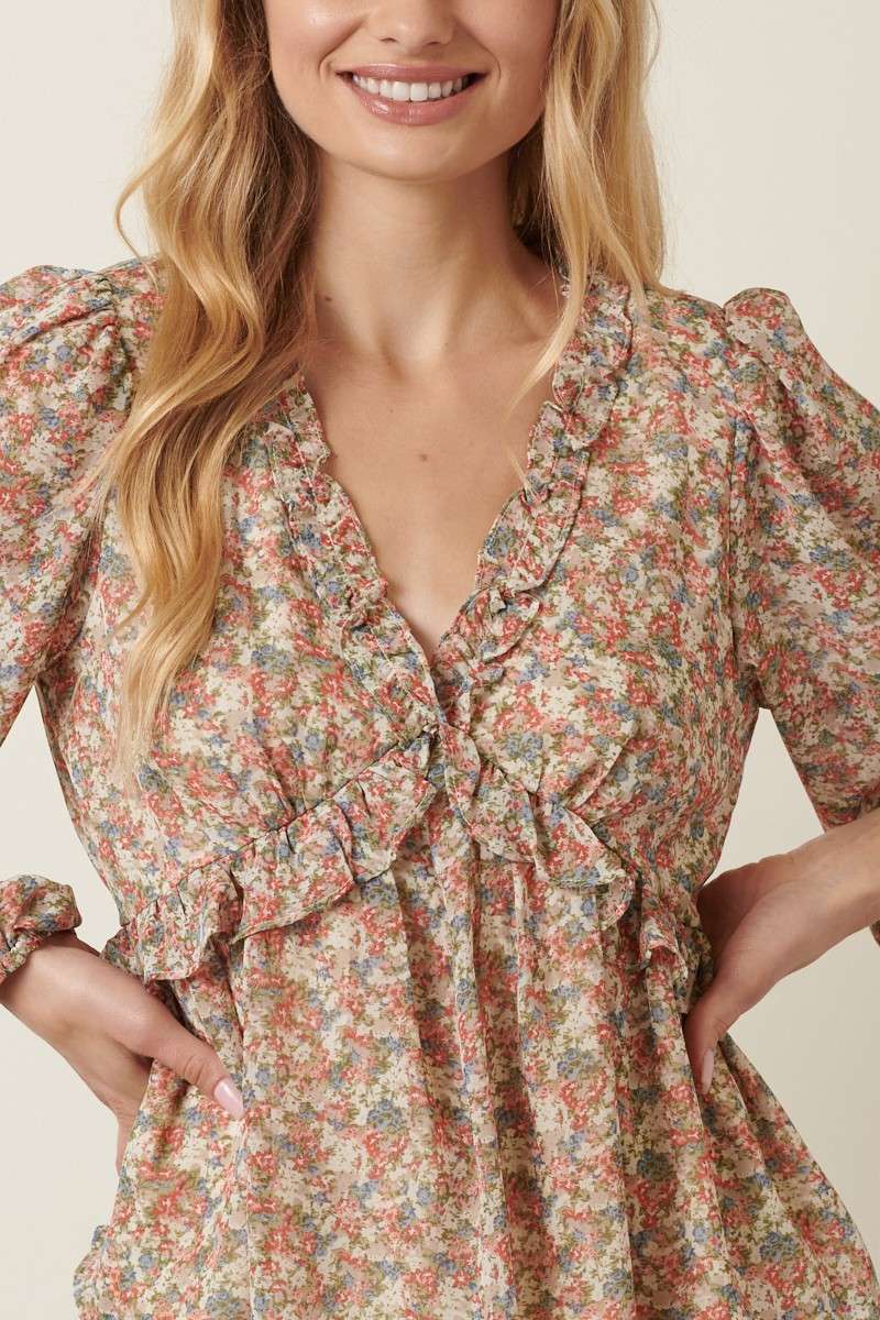 FLORAL PRINT RUFFLE DETAIL BLOUSE