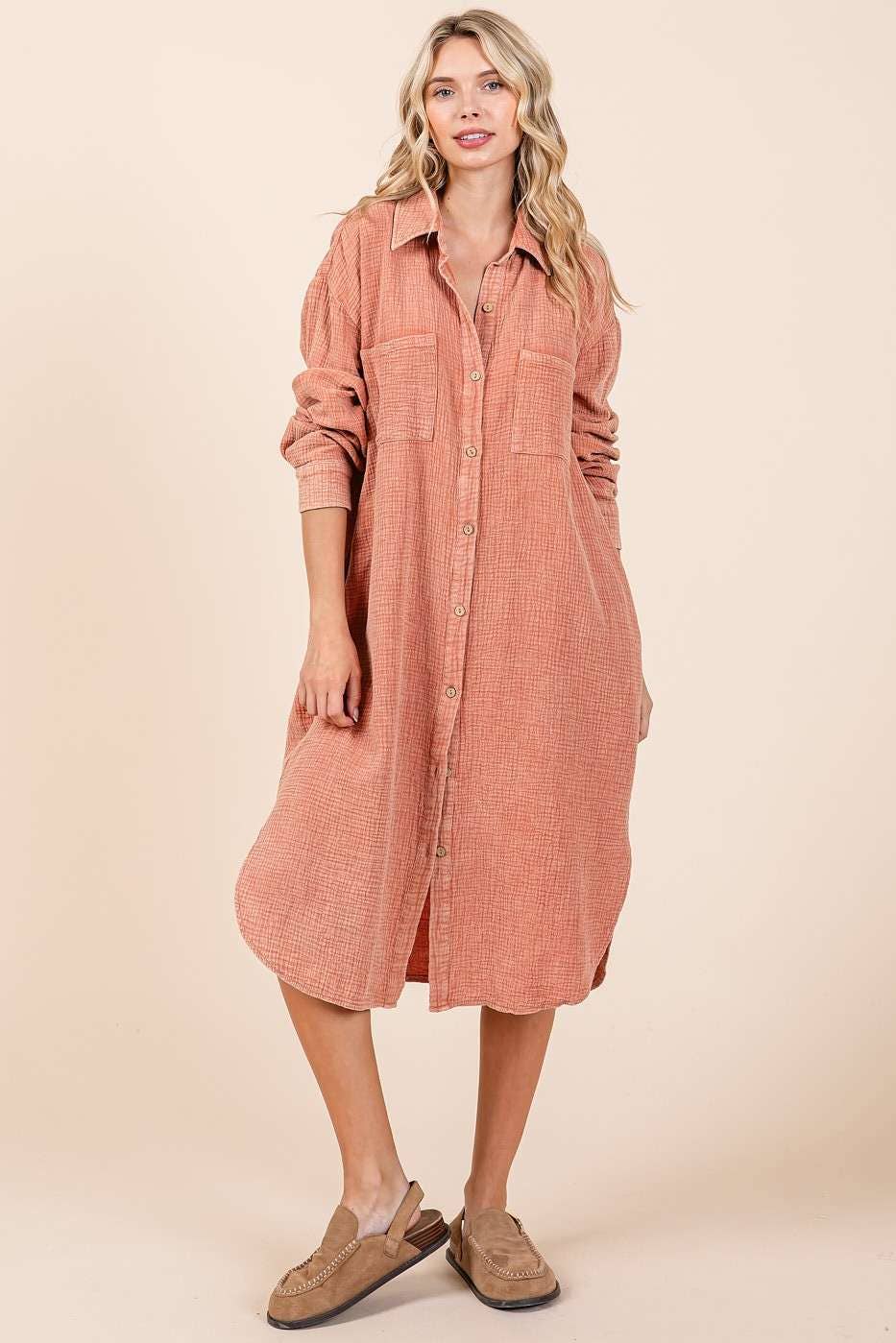 CHAI MINERAL WASH COTTON GAUZE MIDI SHIRT DRESS