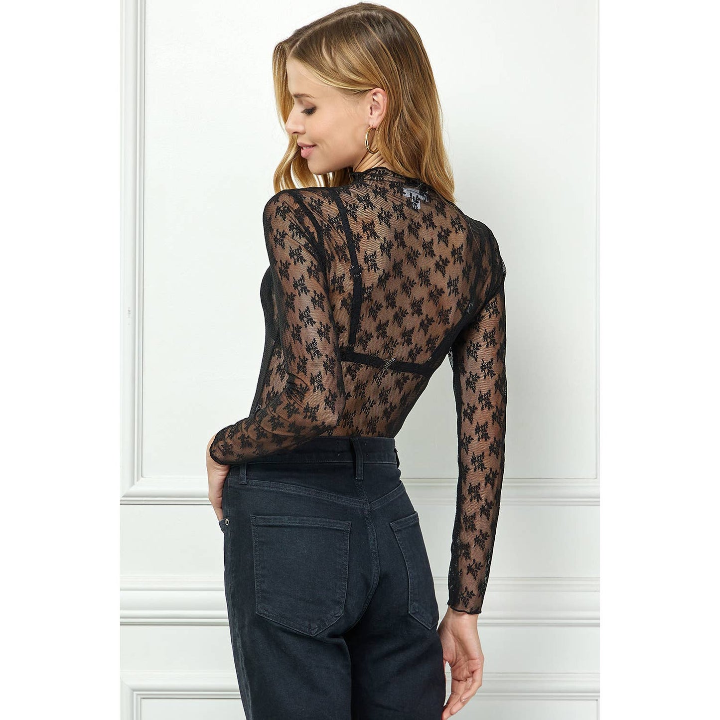 LONG SLEEVE MERROW EDGE LACE TOP : Black