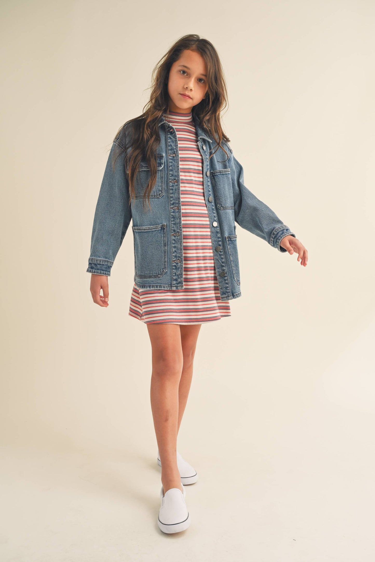 GIRLS DENIM JEANS CARGO BUTTON UP JACKET