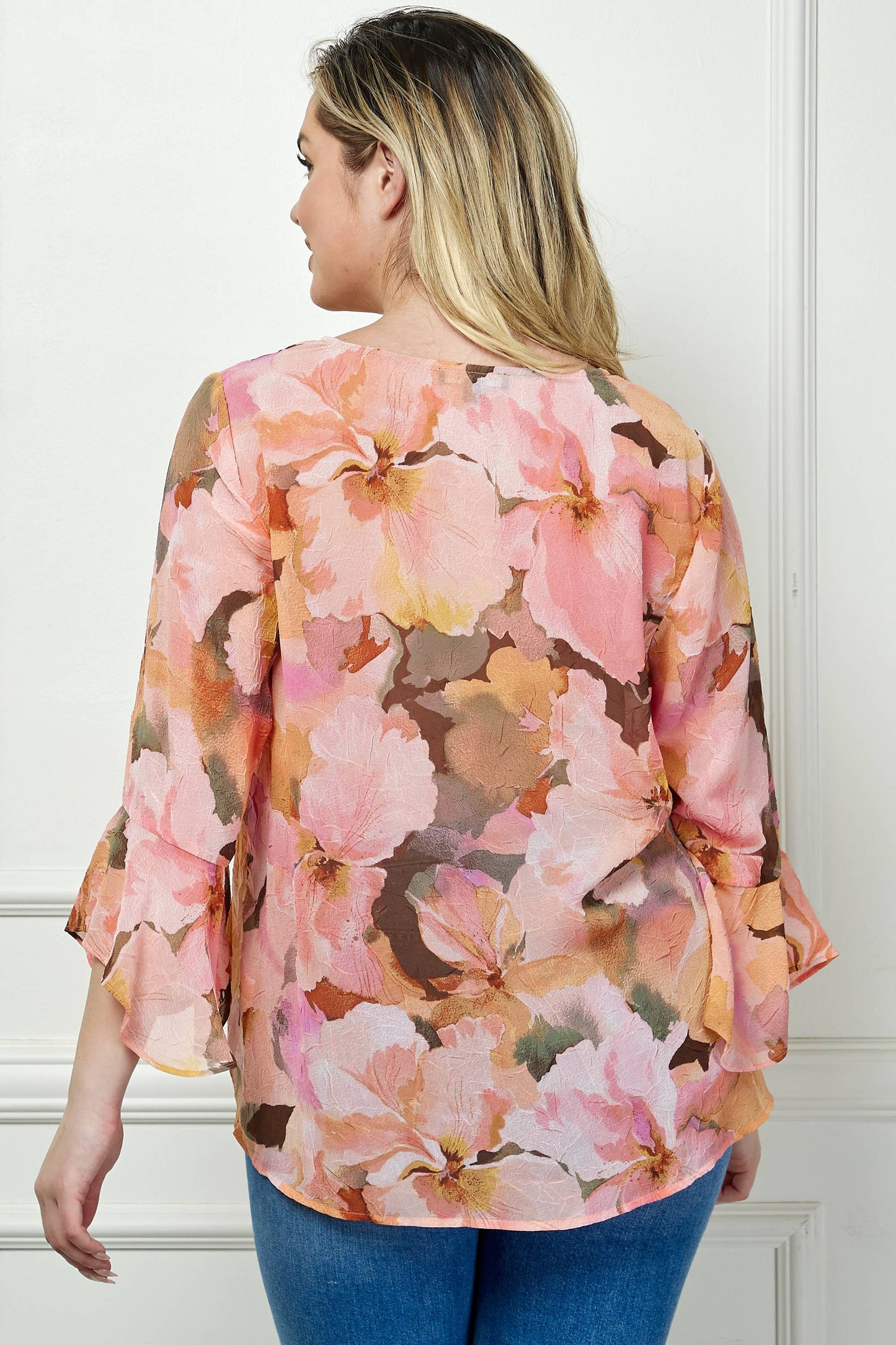 PLUS AND REGULAR SIZE RUFFLE SLEEVE V-NECK SWING TOP: YELLOW/PINK/BROWN