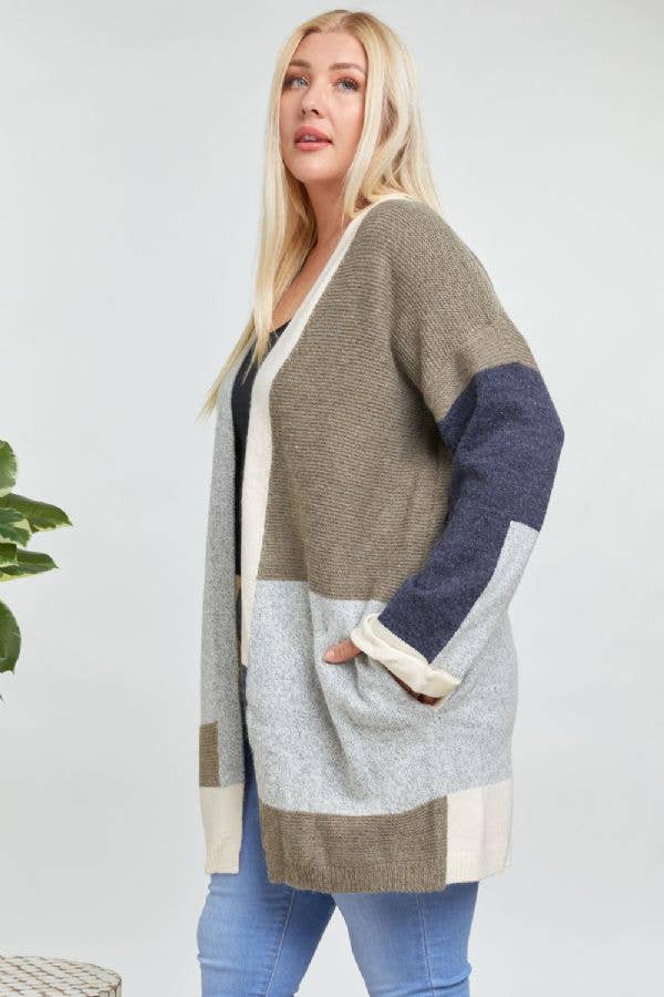 PLUS OLIVE COLORBLOCK ACCENT LONGLINE SWEATER CARDIGAN