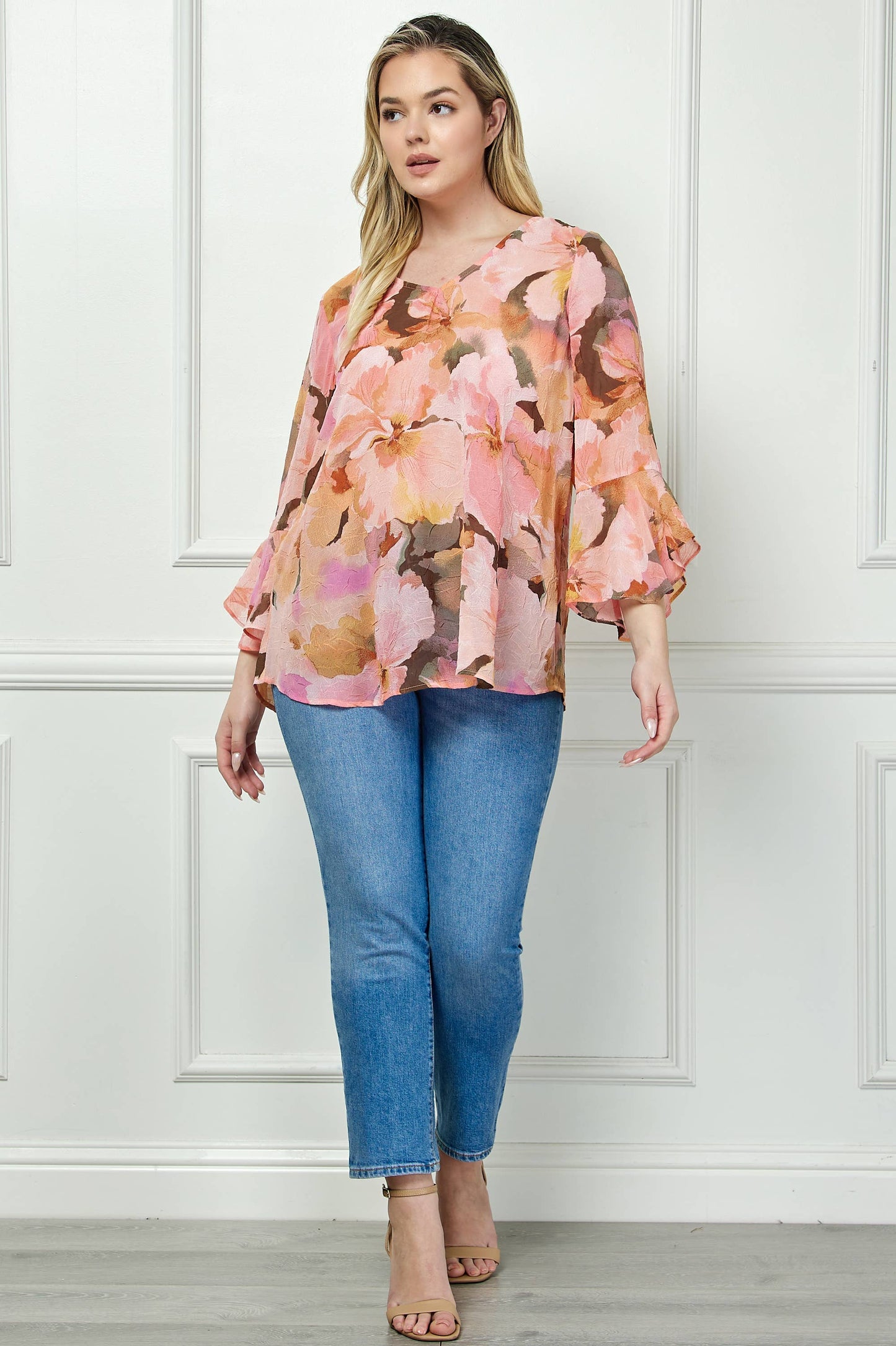 PLUS AND REGULAR SIZE RUFFLE SLEEVE V-NECK SWING TOP: YELLOW/PINK/BROWN