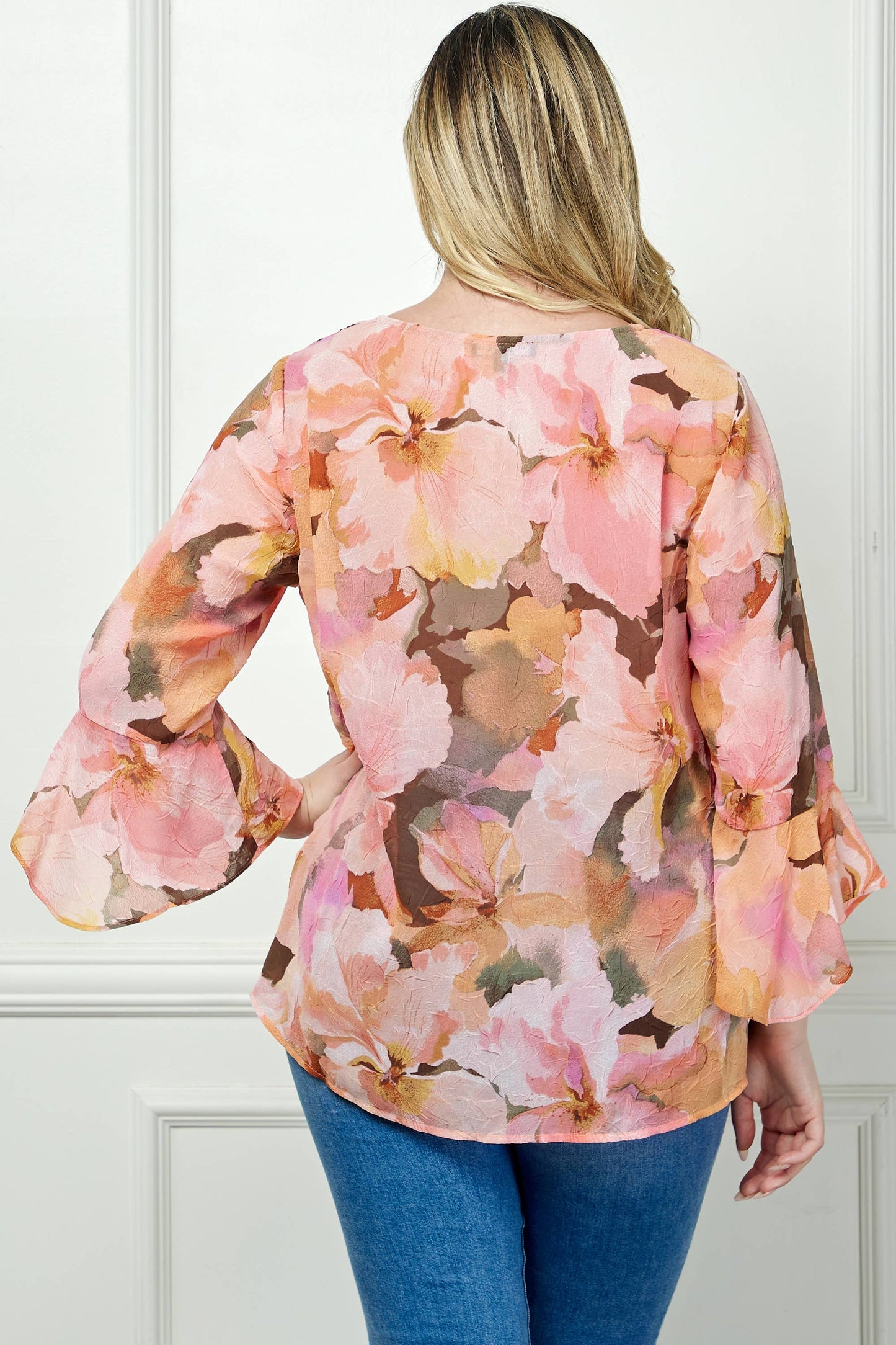 PLUS AND REGULAR SIZE RUFFLE SLEEVE V-NECK SWING TOP: YELLOW/PINK/BROWN