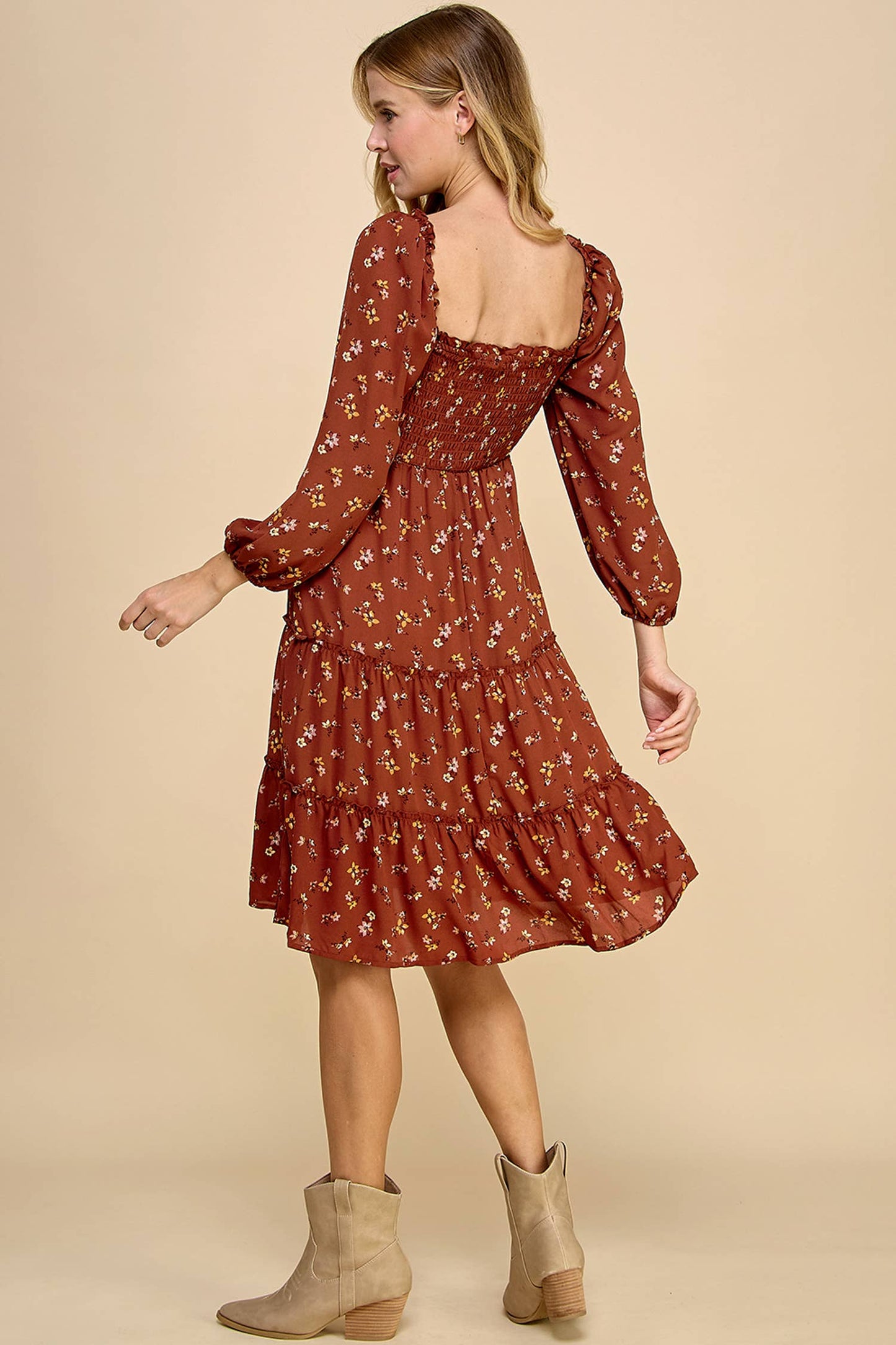 TIERED DRESS W/SMOCKING & LONG SLEEVE: RUST/GOLD/MAUVE