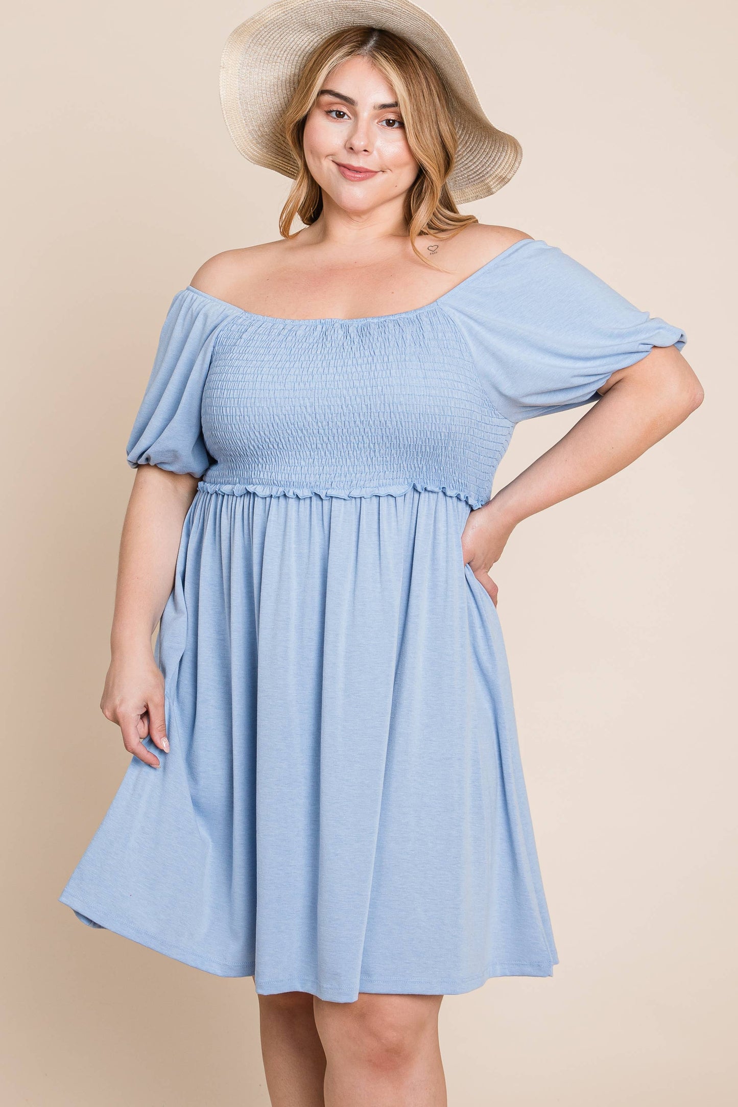 Plus Blue Smocked Babydoll Dress