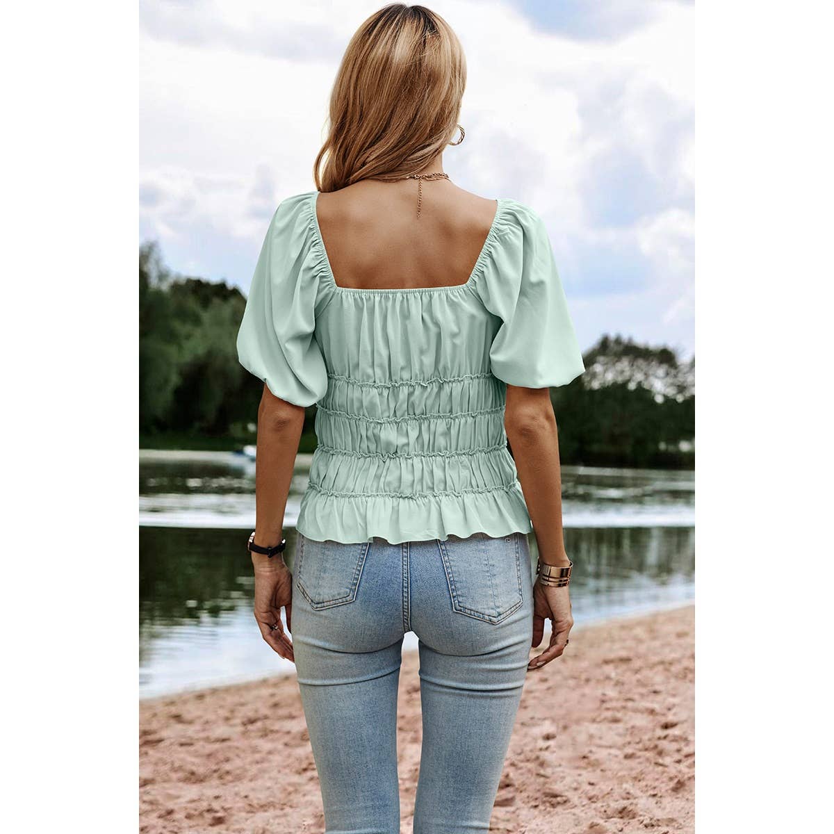 Solid Square Neck Shirred Flounce Sleeve Peplum Blouse: LIGHT GREEN