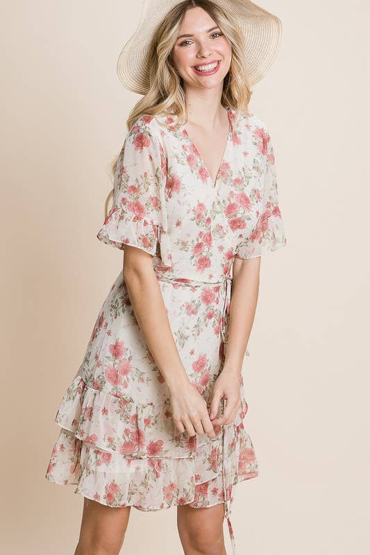 Pink Floral Wrap Chiffon Dress