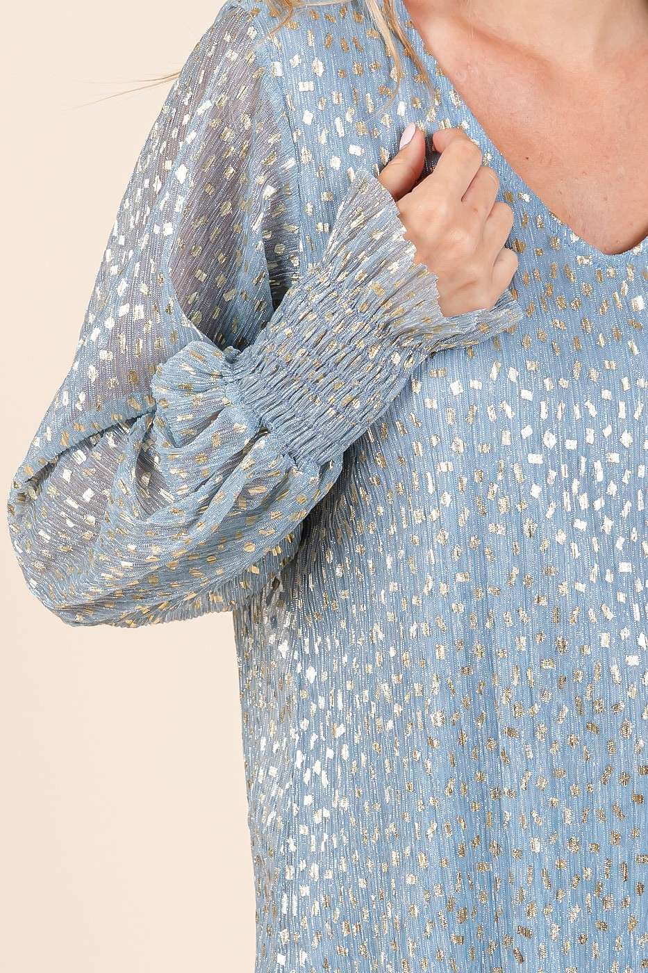 BLUE METALLIC GLITTER DOT PRINT PLEATED LONG SLEEVE TOP