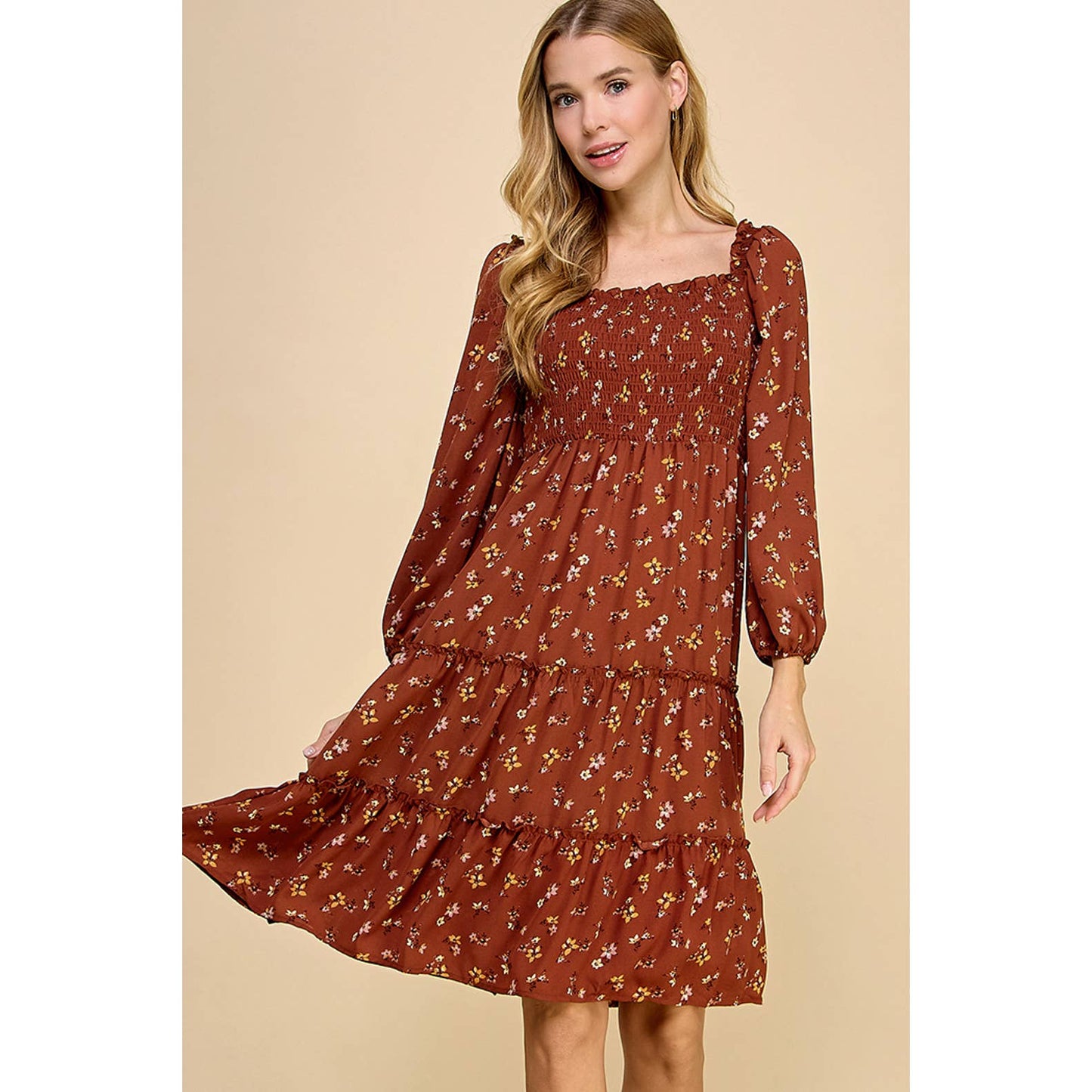 TIERED DRESS W/SMOCKING & LONG SLEEVE: RUST/GOLD/MAUVE