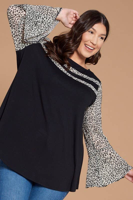 Plus Animal Mesh Bell Sleeves Top