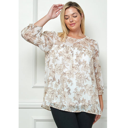 PLUS SIZE FRONT AND BACK YOKE BLOUSE: Ivory/Khaki/Tan