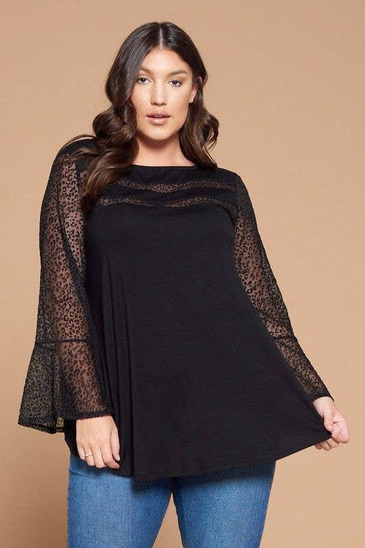 Plus Animal Mesh Bell Sleeves Top