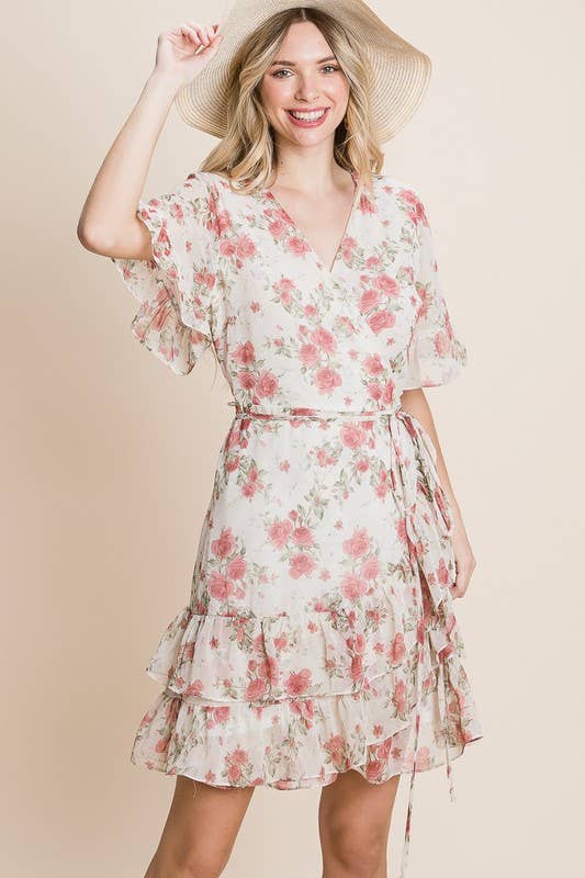 Pink Floral Wrap Chiffon Dress