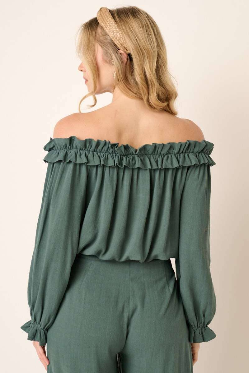 FOREST OFF SHOULDER LONG SLEEVE RUFFLE BLOUSE