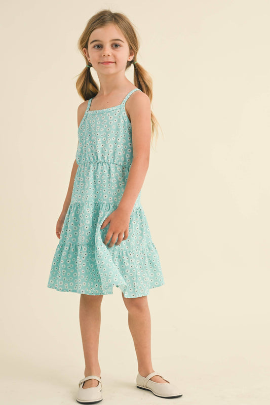TWEEN KIDS GIRLS BLUE & FLOWY STRAPPY TIERED DRESS (4-6X)