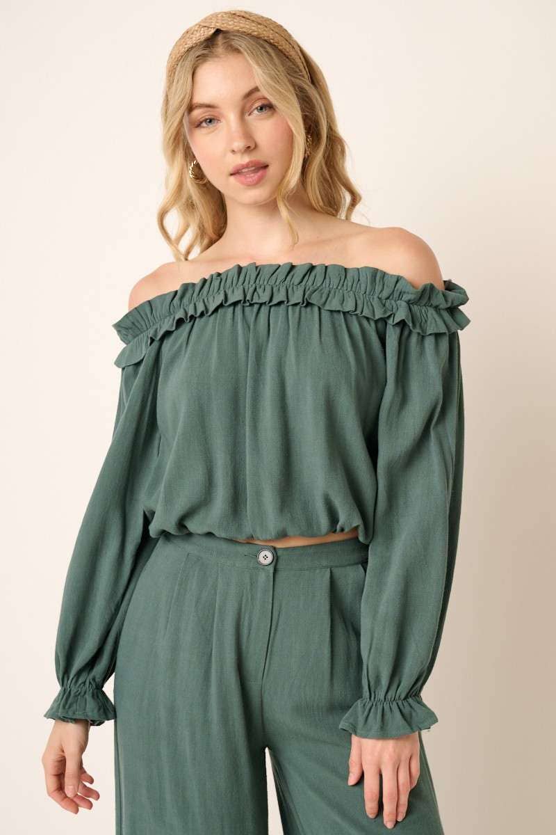 FOREST OFF SHOULDER LONG SLEEVE RUFFLE BLOUSE